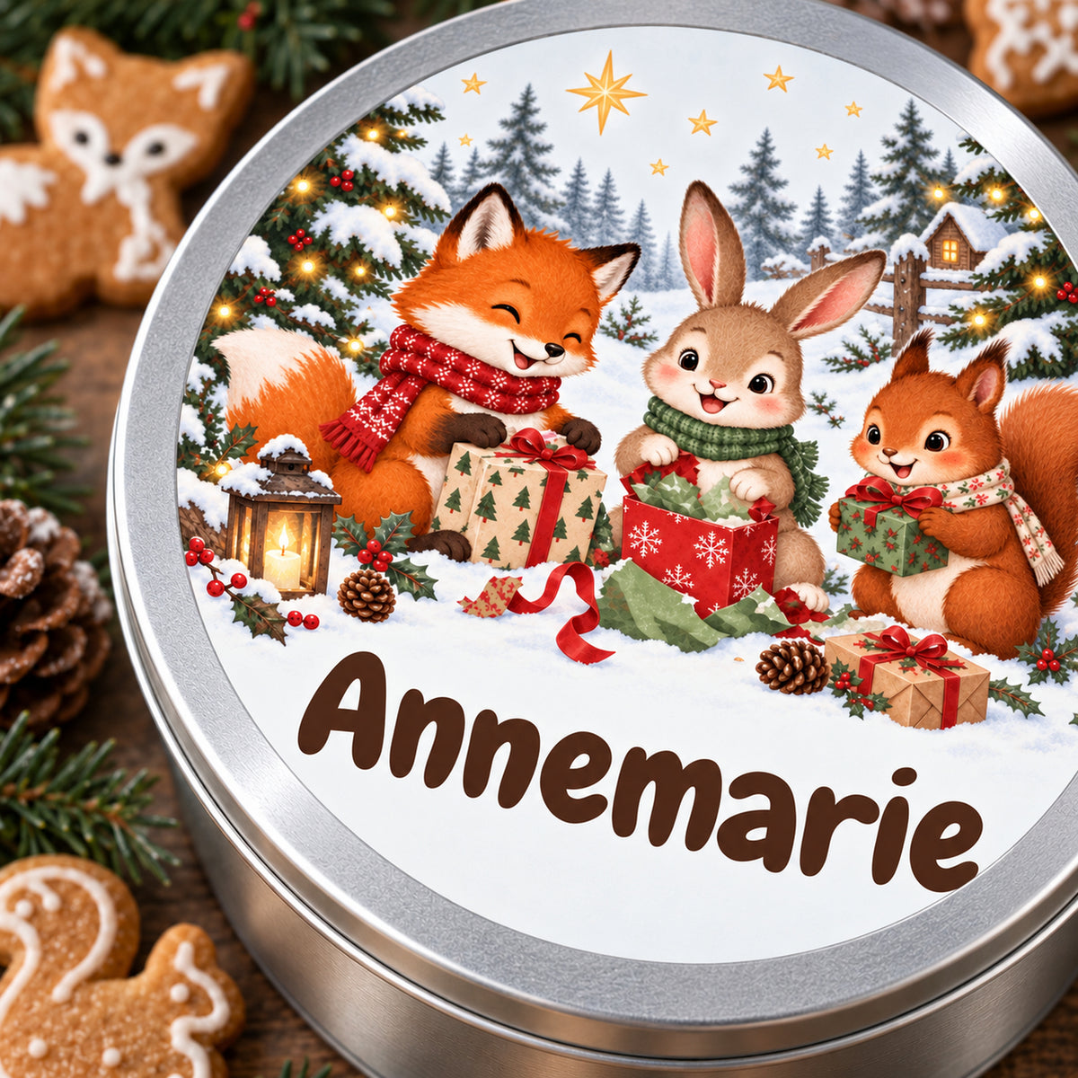 Runde personalisierte Keksdose mit Waldtiere-Motiv und Wunschname, als Nahaufnahme von Deckeldruck und Dosenrand.