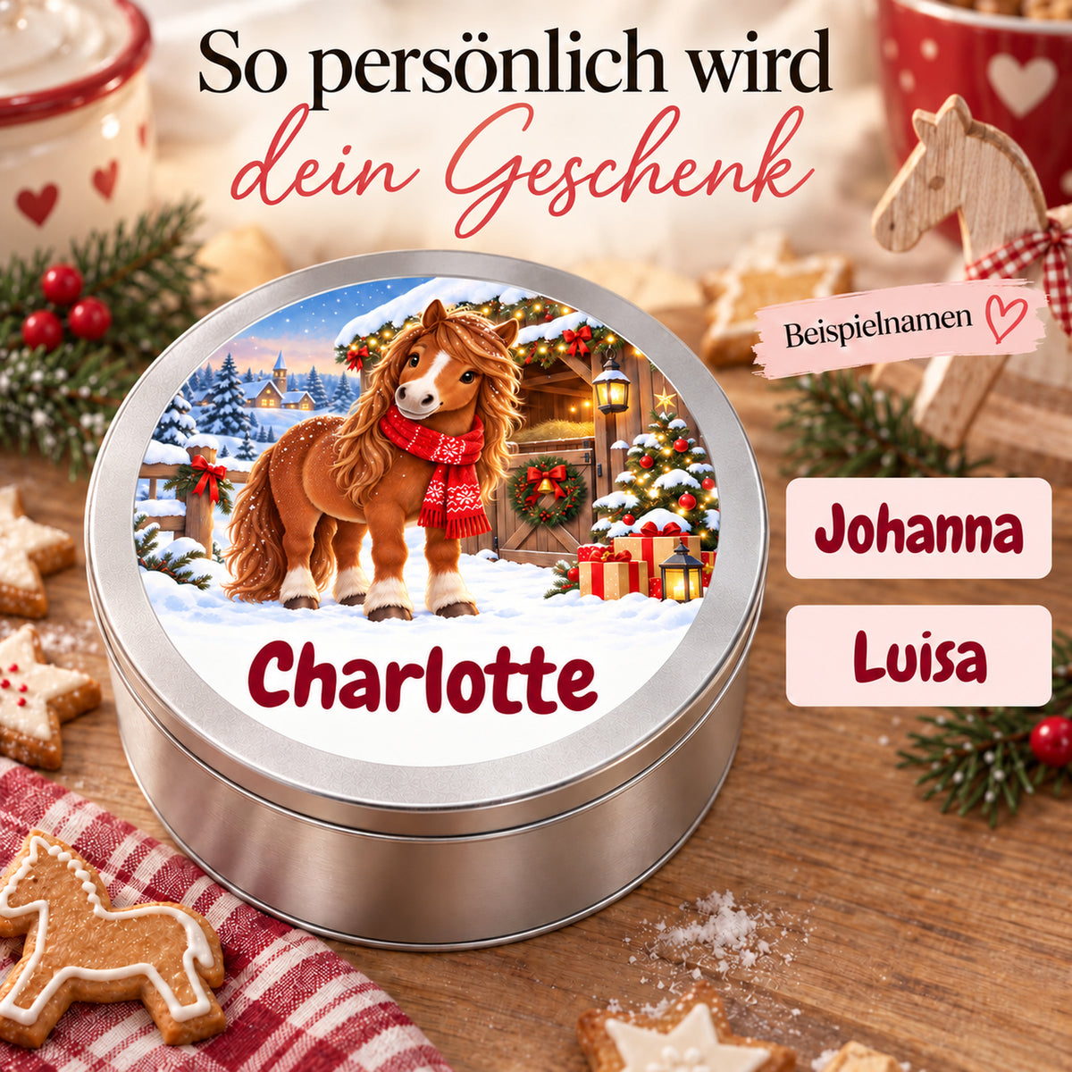 Runde personalisierte Keksdose mit Pferde-Motiv und Wunschname, mit Beispielen für die Personalisierung.