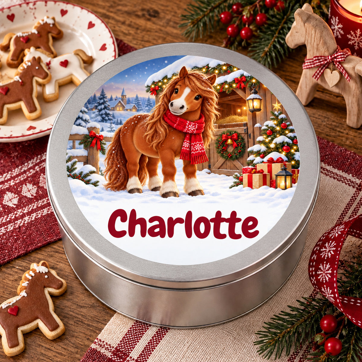 Runde personalisierte Keksdose mit Pferde-Motiv und Wunschname, als Weihnachtsgeschenk zwischen Keksen und Dekoration.