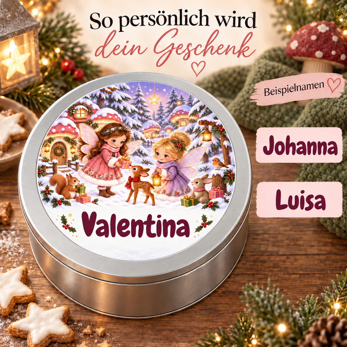 Runde personalisierte Keksdose mit Feenwald-Motiv und Wunschname, mit Beispielen für die Personalisierung.