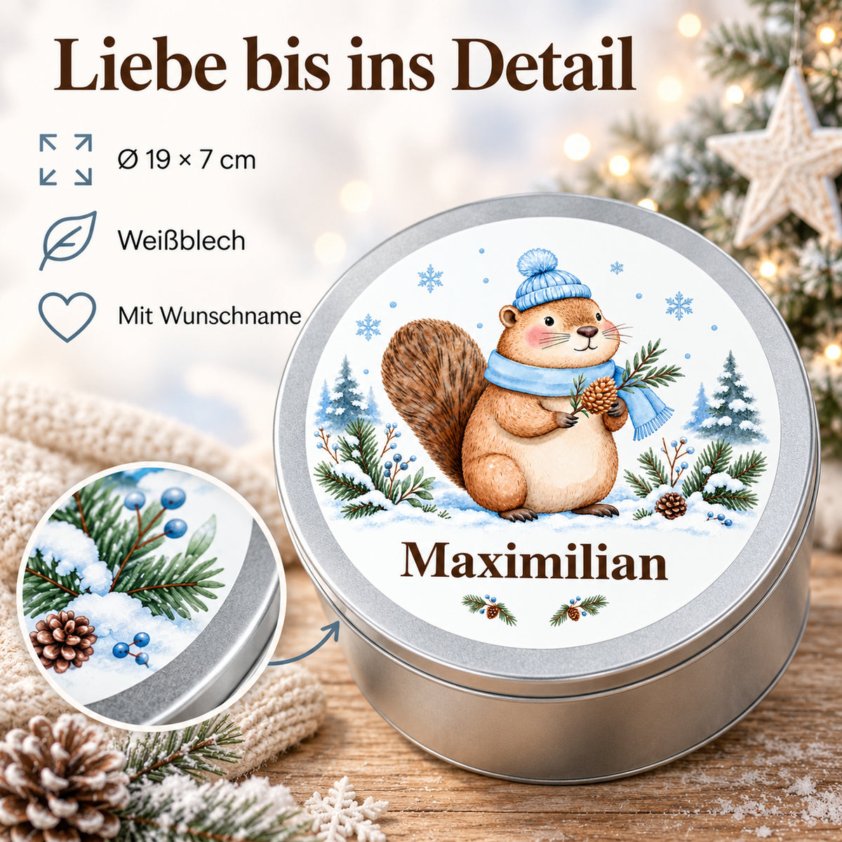 Keksdose mit Eichhörnchen und Wunschname, mit Motivdetail und Angaben zu Weißblech und 19 × 7 cm