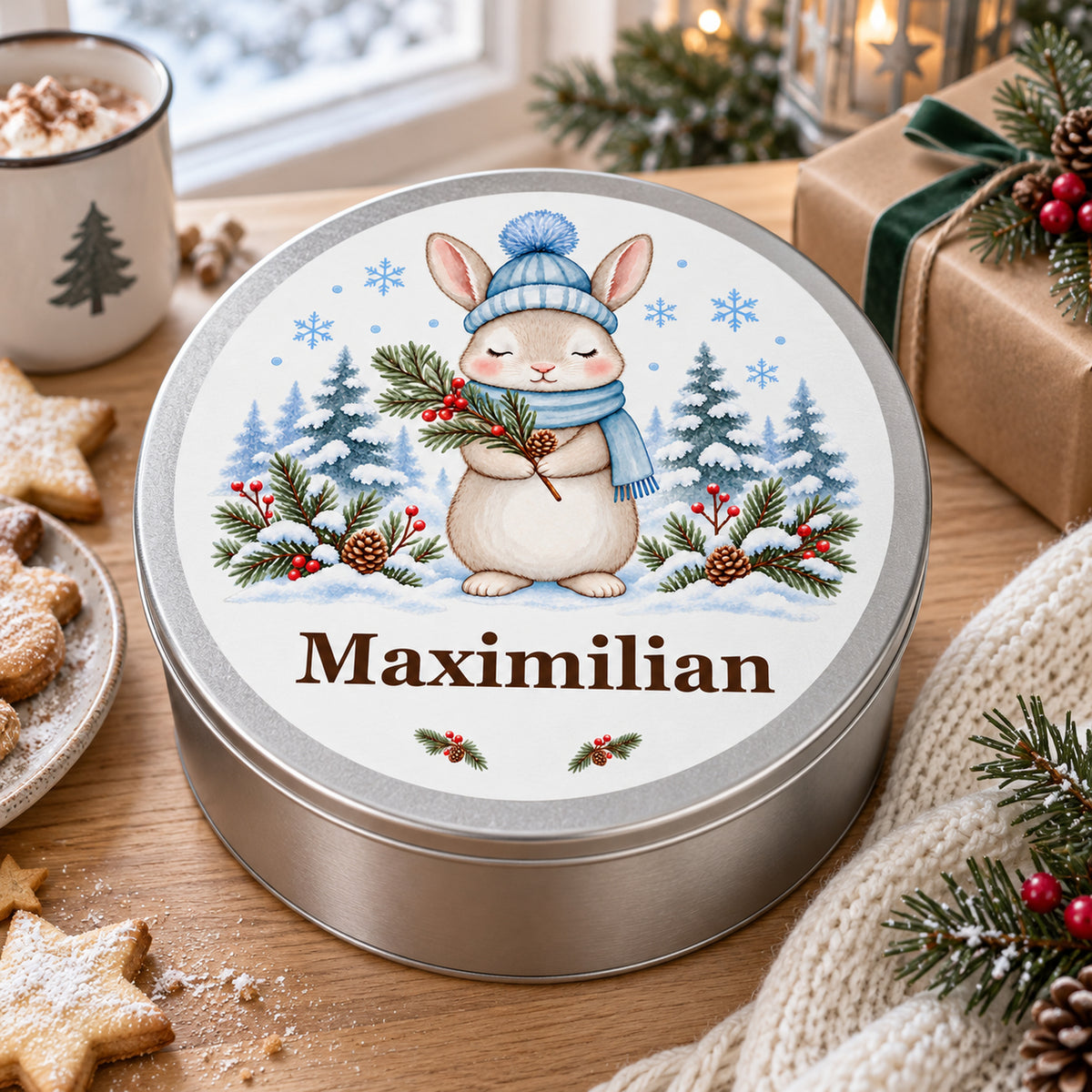 Keksdose mit Winterhasen und Wunschname zwischen Gebäck und winterlicher Dekoration