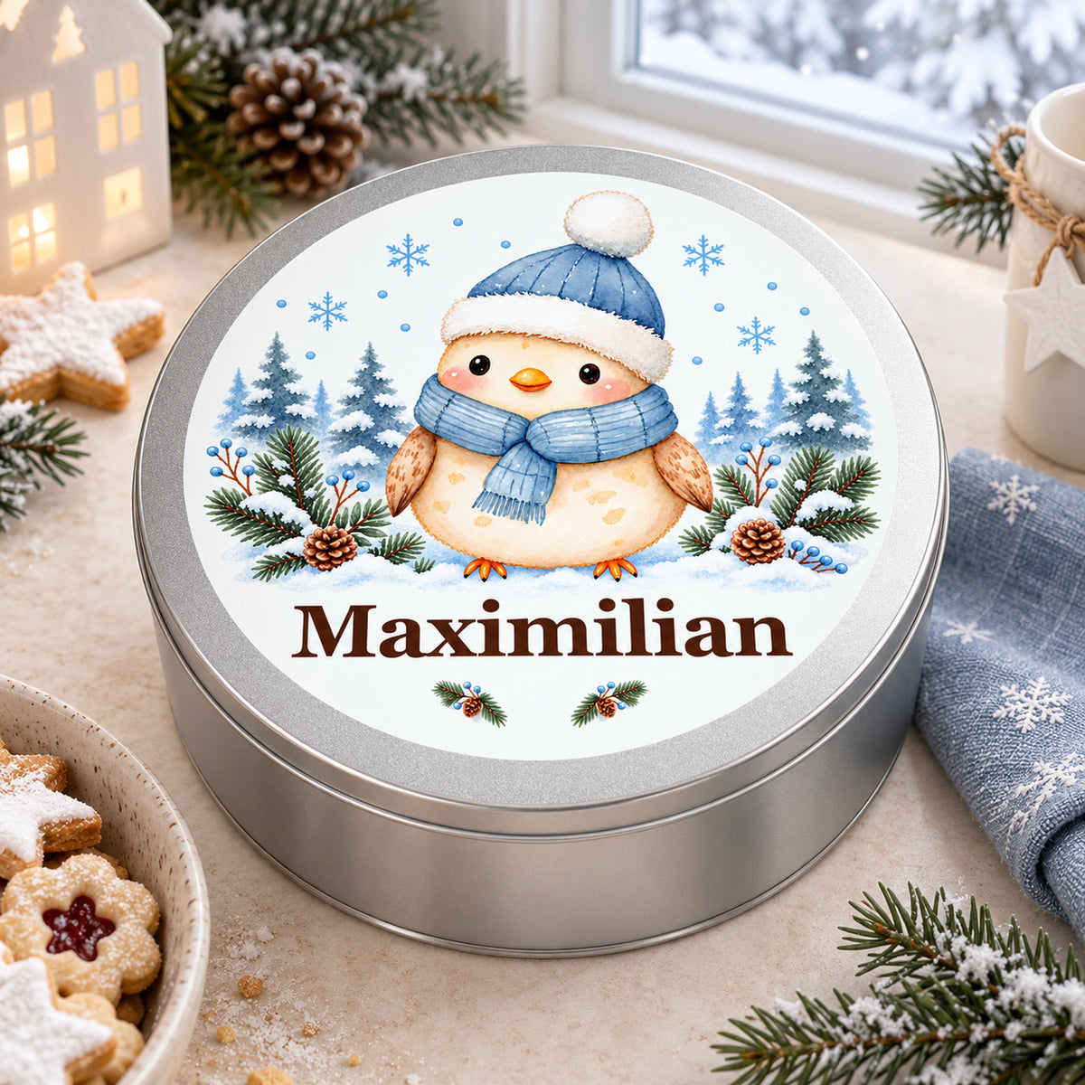 Keksdose mit Eule mit Wintermütze und Wunschname zwischen Gebäck und winterlicher Dekoration