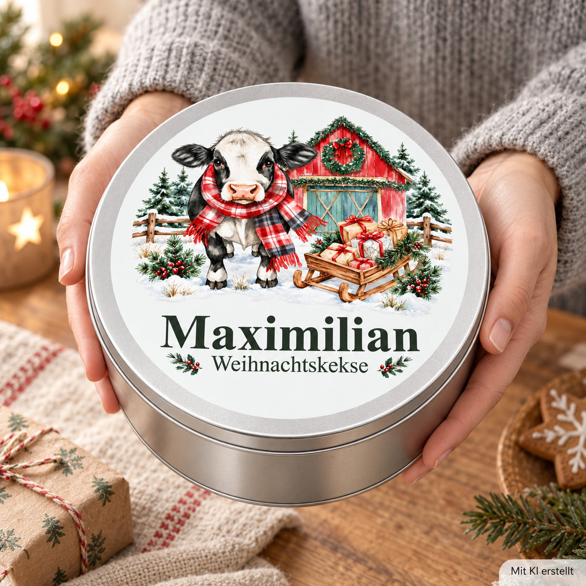 Personalisierte Plätzchendose mit Kuh im Weihnachtsstall und Wunschname in den Händen