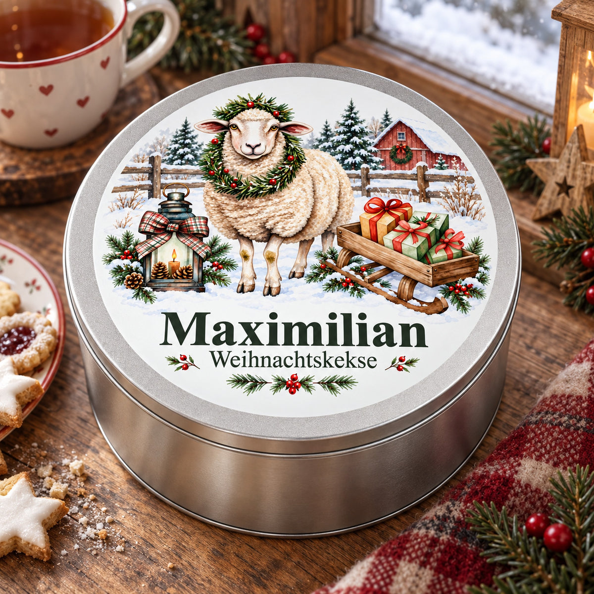 Keksdose mit Wunschname und Schaf mit Geschenkschlitten zwischen Plätzchen und weihnachtlicher Dekoration