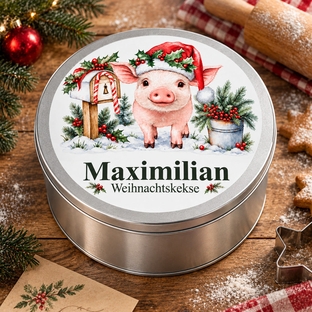 Gebäckdose mit Schweinchen und Weihnachtspost und Wunschname auf einem weihnachtlich dekorierten Holztisch