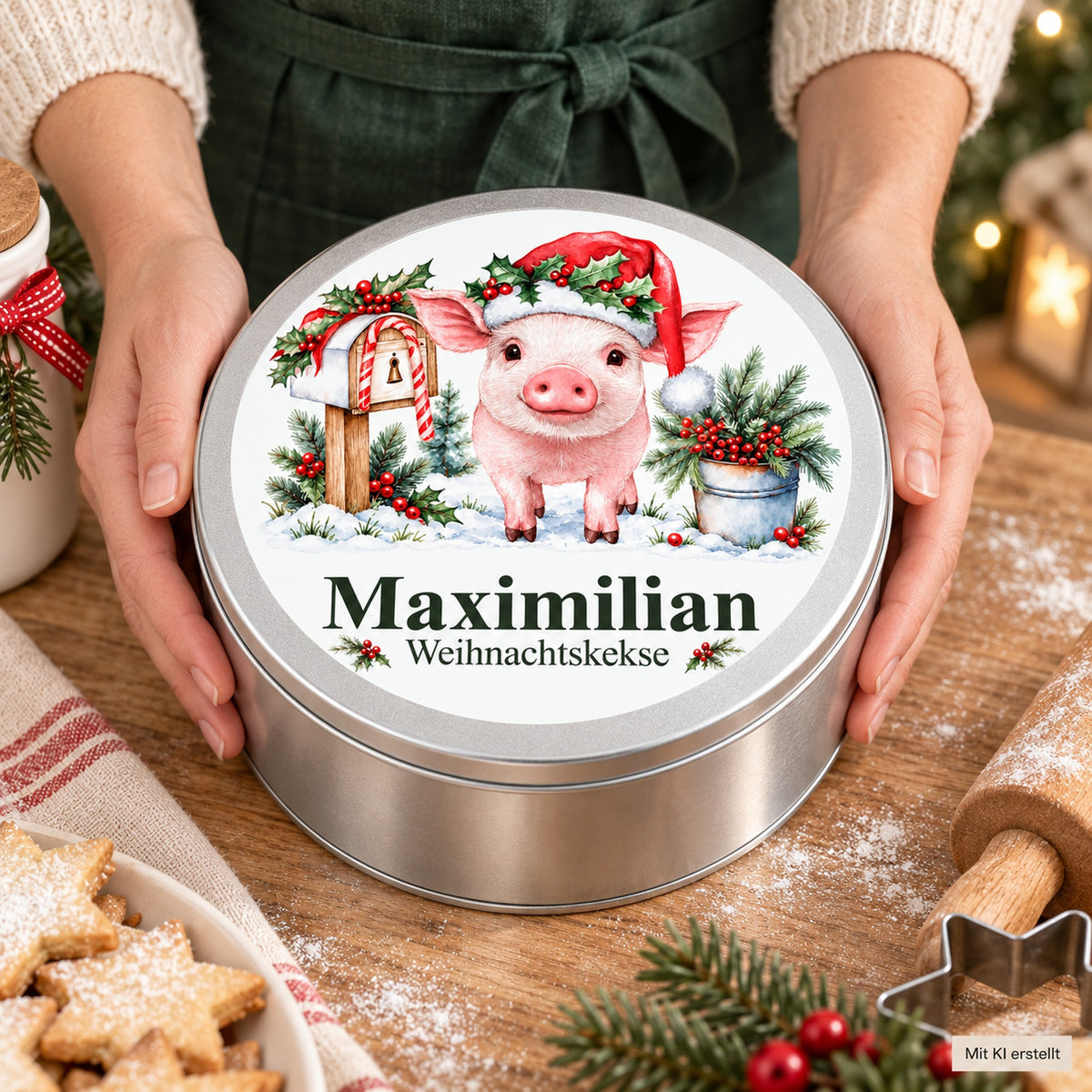 Personalisierte Plätzchendose mit Schweinchen und Weihnachtspost und Wunschname in den Händen