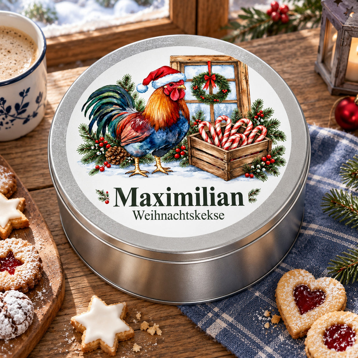 Plätzchendose mit Wunschname und Hahn am Weihnachtsfenster zwischen Weihnachtsgebäck und Backzutaten