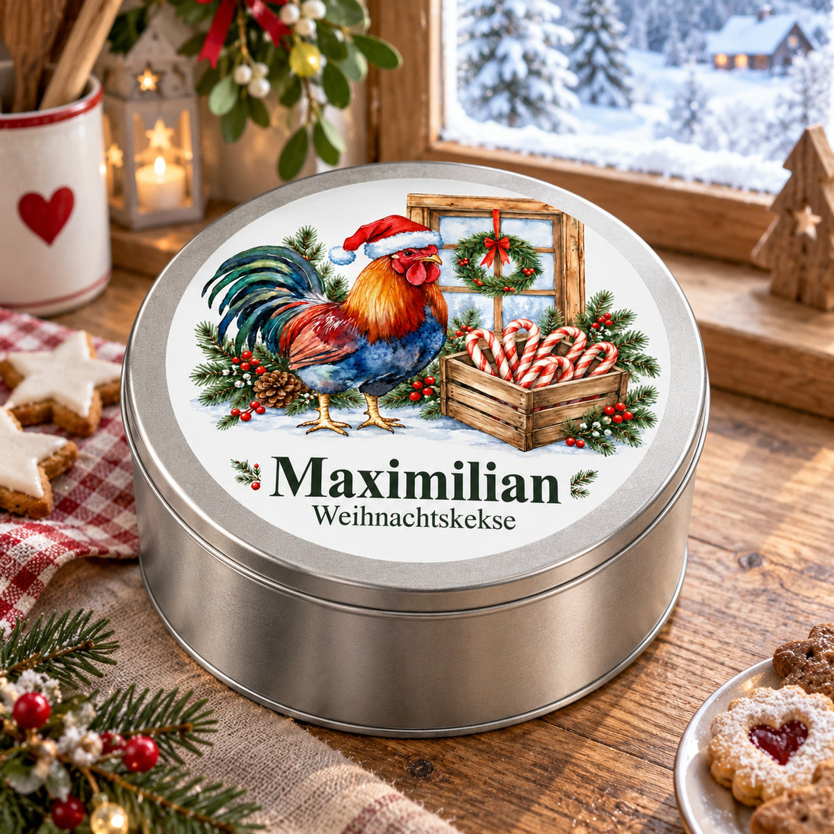 Gebäckdose mit Hahn am Weihnachtsfenster und Wunschname auf einem weihnachtlich dekorierten Holztisch