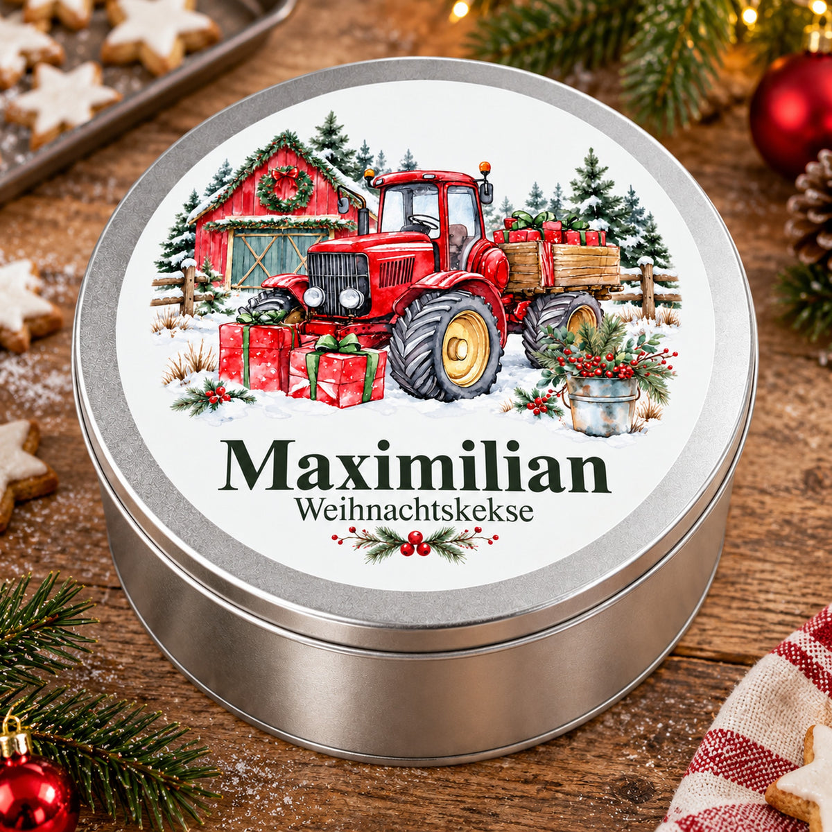 Nahansicht des bedruckten Deckels der Keksdose mit Traktor mit Weihnachtsgeschenken und Wunschname