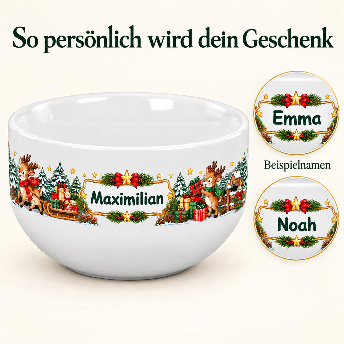 Weiße personalisierte Keramik-Müslischale mit Rentier-Weihnachtsmotiv mit verschiedenen Wunschnamen zur Darstellung der Personalisierung.