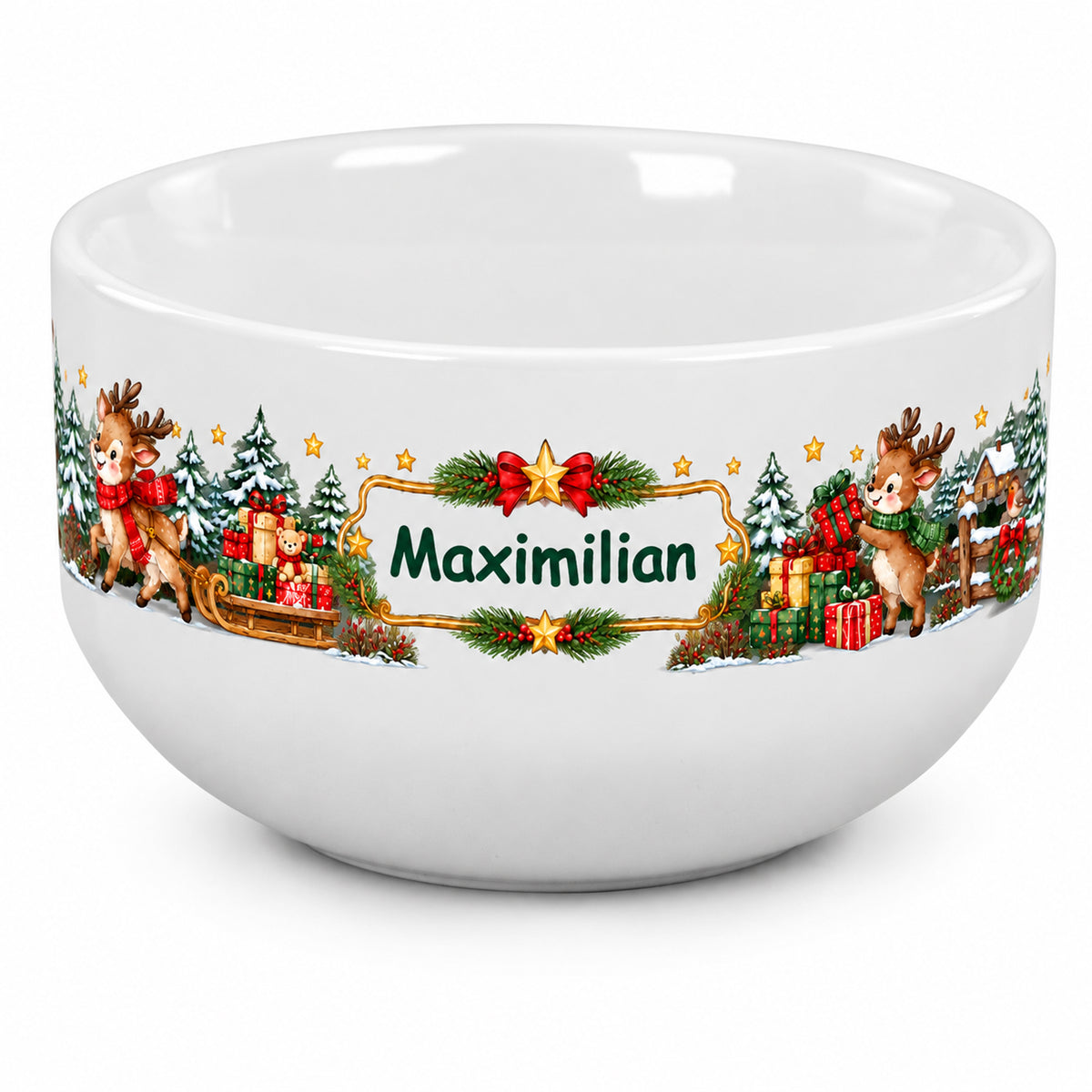 Weiße personalisierte Keramik-Müslischale mit Rentier-Weihnachtsmotiv und Wunschname als freigestellte Produktansicht auf weißem Hintergrund.