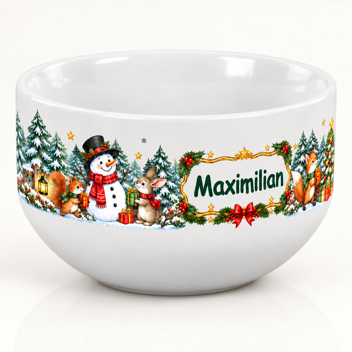 Weiße personalisierte Keramik-Müslischale mit Schneemann-Weihnachtsmotiv mit Ansicht des linken Motivbereichs.