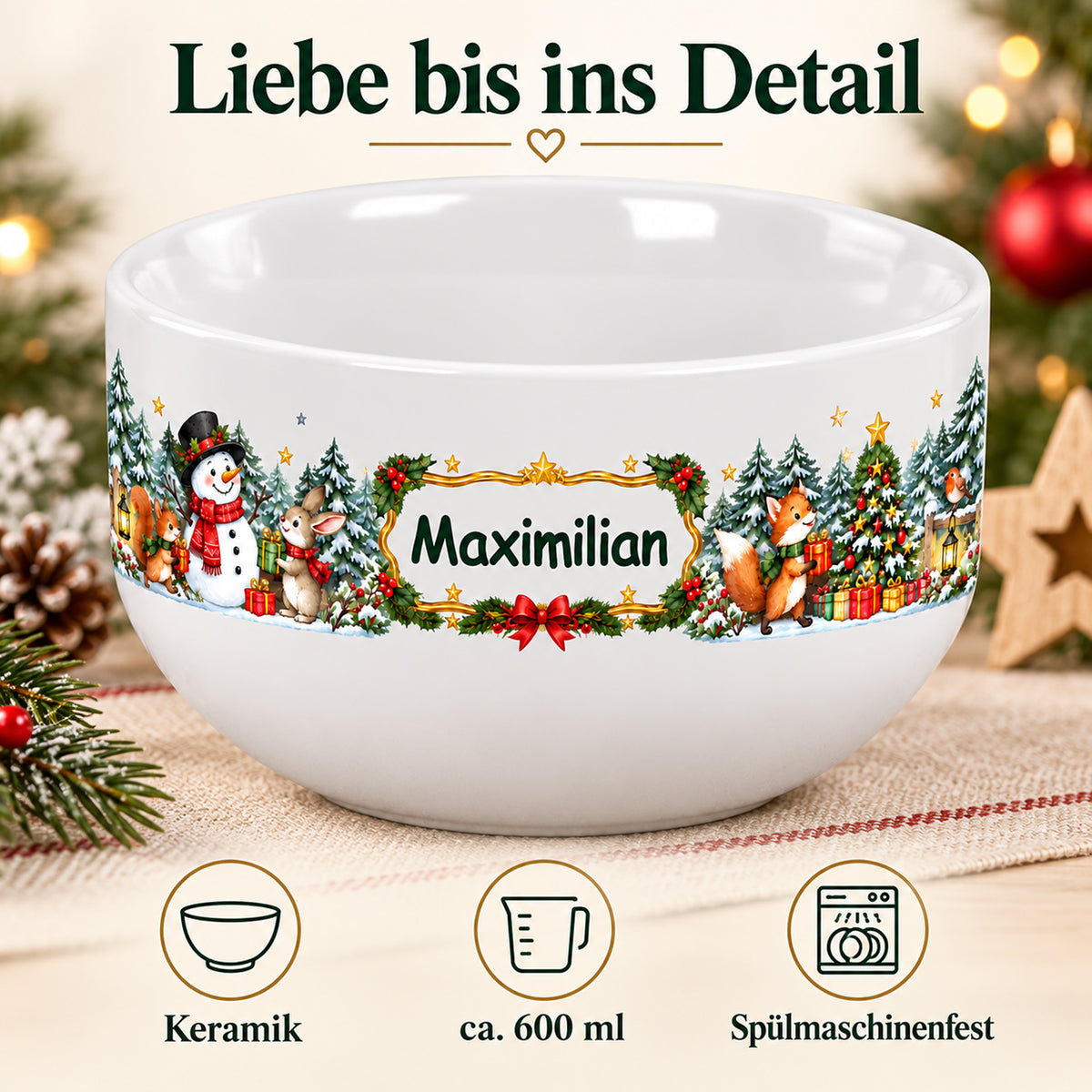 Weiße personalisierte Keramik-Müslischale mit Schneemann-Weihnachtsmotiv mit den drei Produktlabels „Keramik“, „ca. 600 ml“ und „Spülmaschinenfest“.