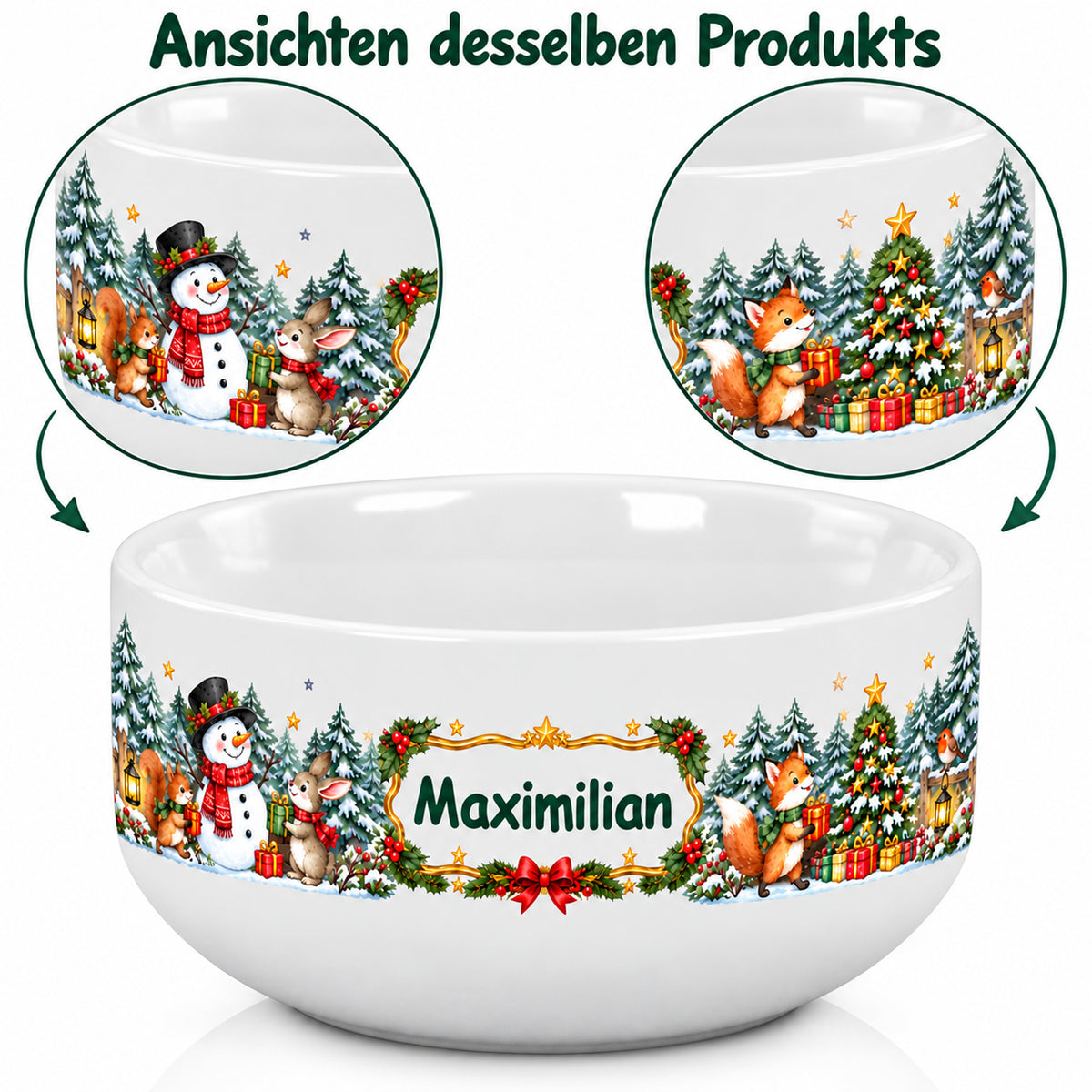 Mehrere Ansichten derselben personalisierten Müslischale mit Schneemann-Weihnachtsmotiv.
