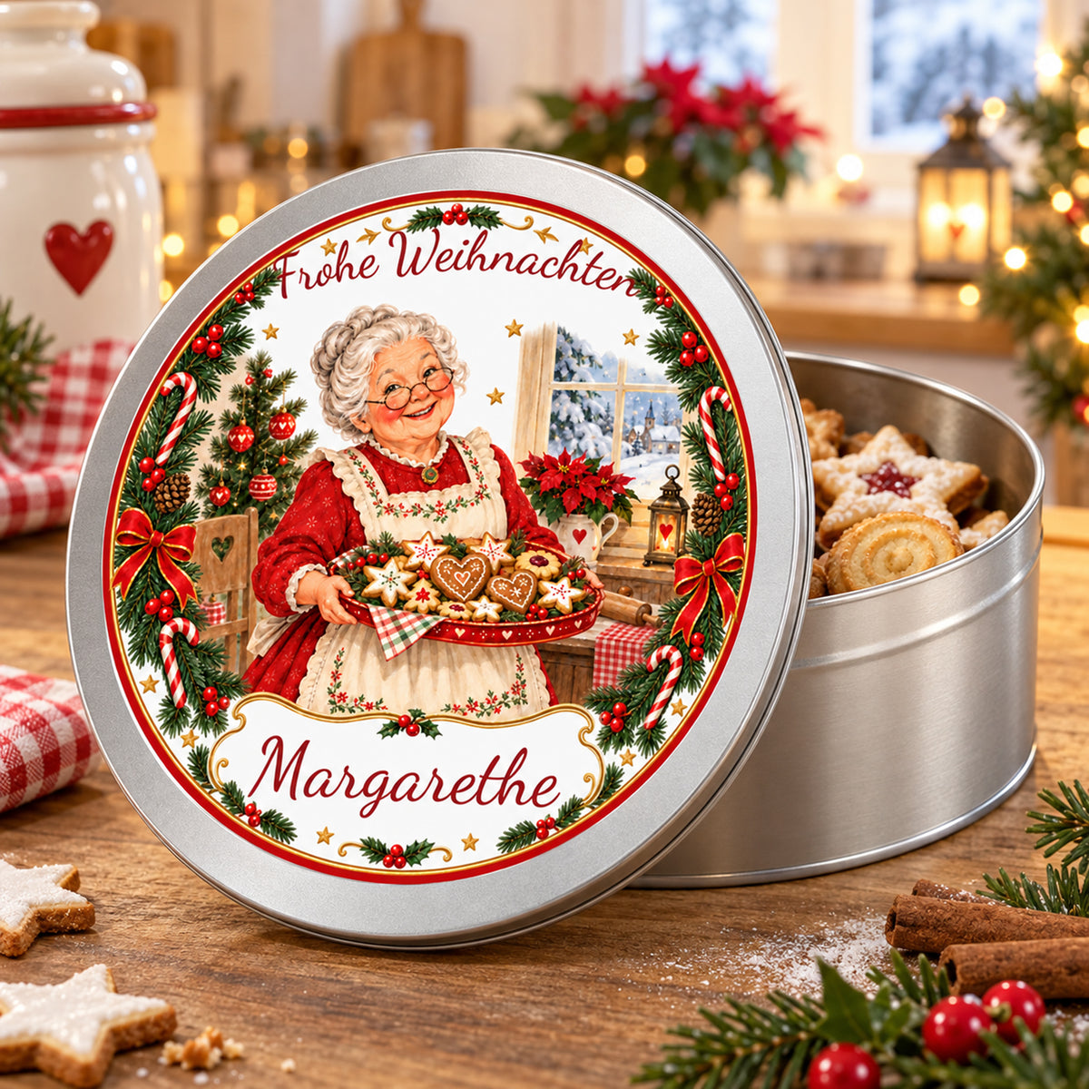 Offene personalisierte Weihnachtsoma-Keksdose, Motiv Plätzchentablett mit separat präsentiertem bedrucktem Deckel.