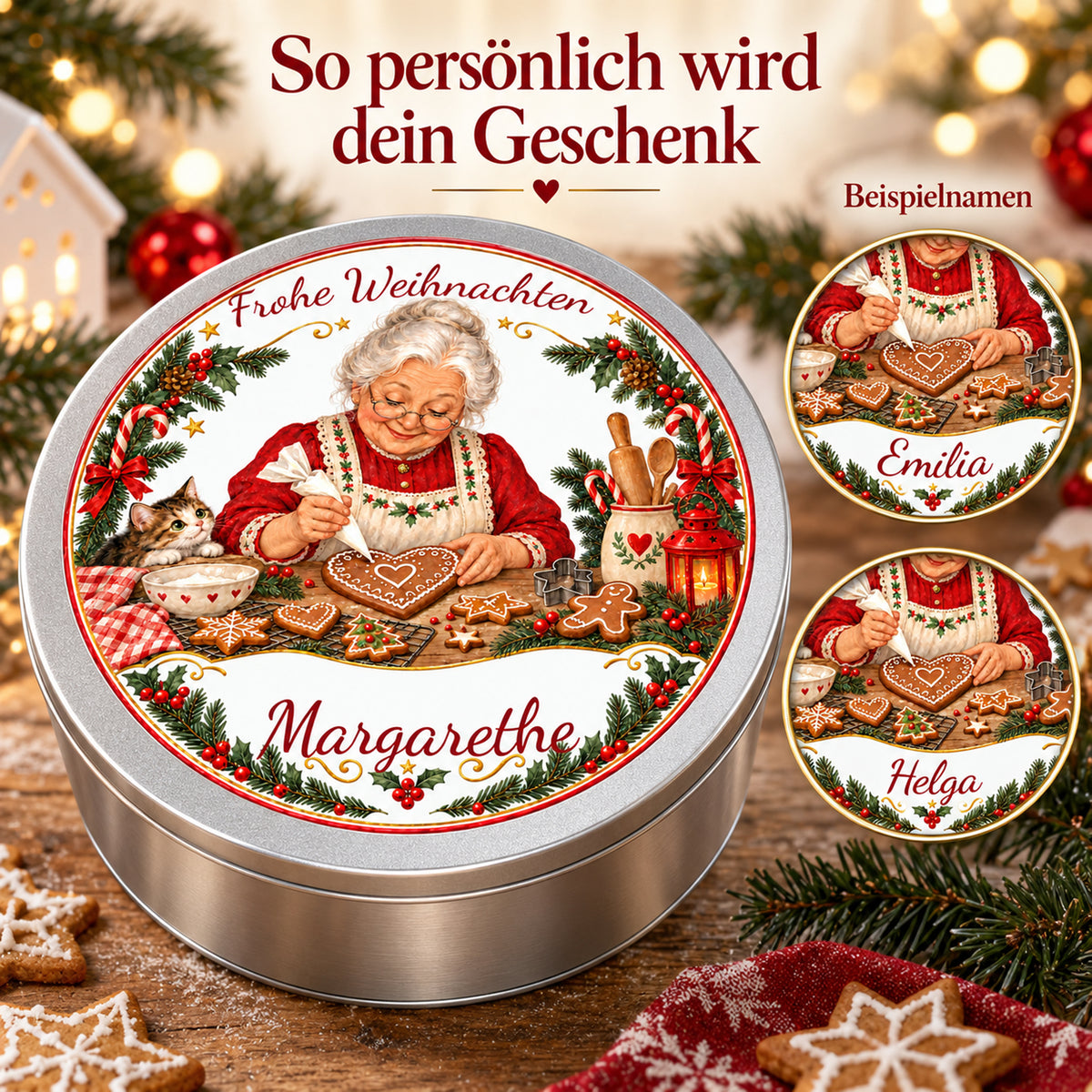 Personalisierungsbeispiele der Weihnachtsoma-Keksdose Lebkuchen verzieren mit verschiedenen Wunschnamen.