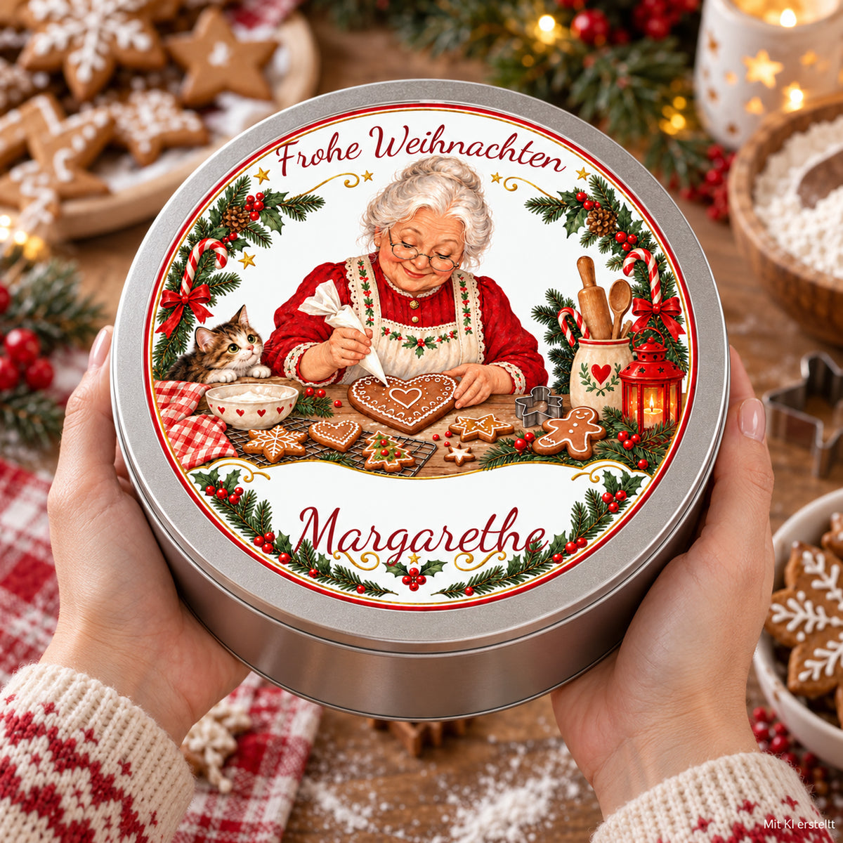 Hände präsentieren die Weihnachtsoma-Keksdose Lebkuchen verzieren und ihren bedruckten Deckel; Bild mit KI erstellt.