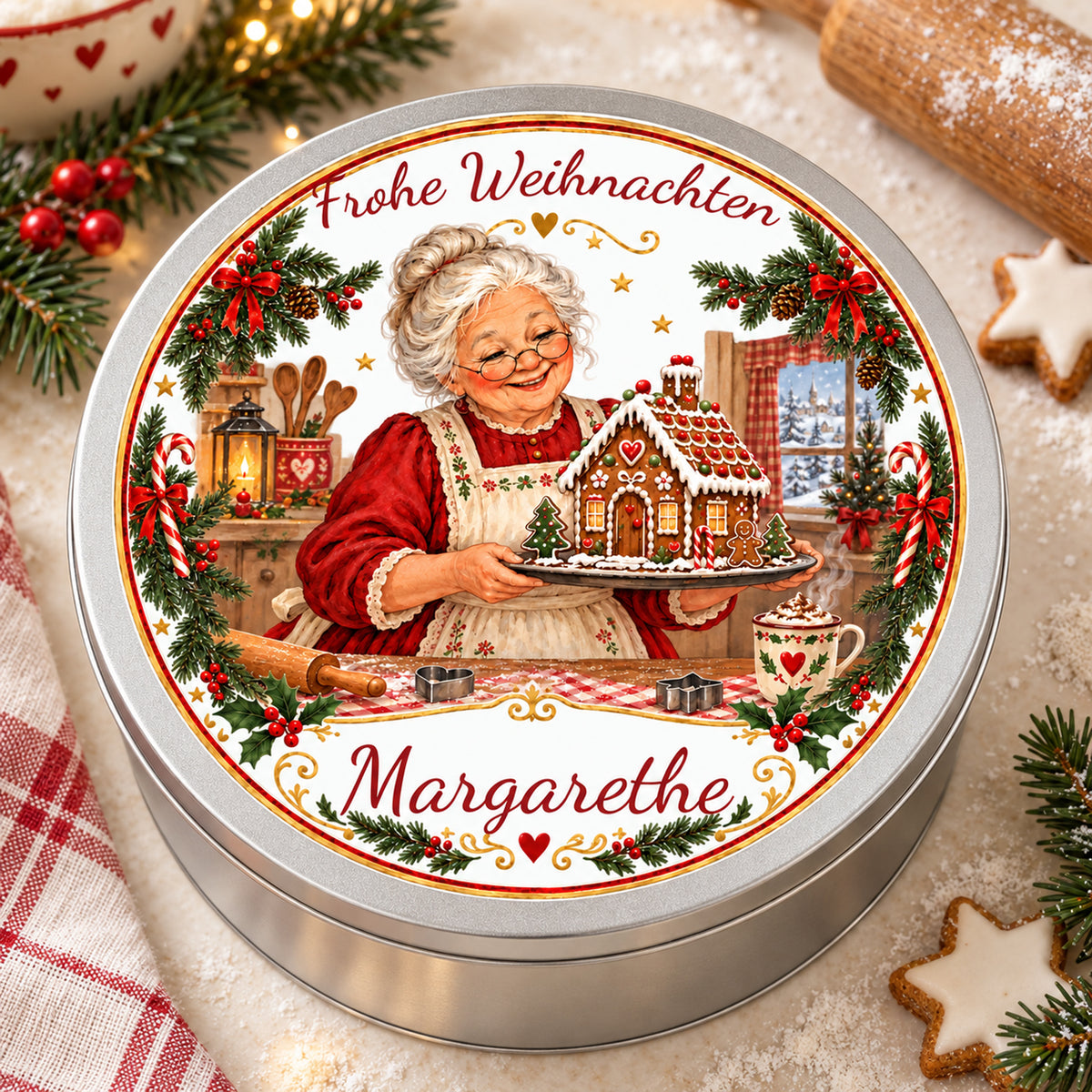 Draufsicht auf die personalisierte Weihnachtsoma-Keksdose, Motiv Lebkuchenhaus mit bedrucktem Deckel auf einem cremefarbenen Tisch.