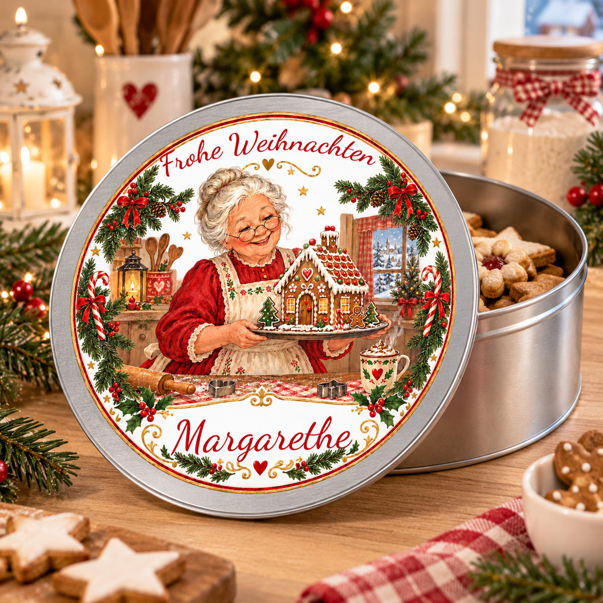 Offene personalisierte Weihnachtsoma-Keksdose, Motiv Lebkuchenhaus mit separat präsentiertem bedrucktem Deckel.