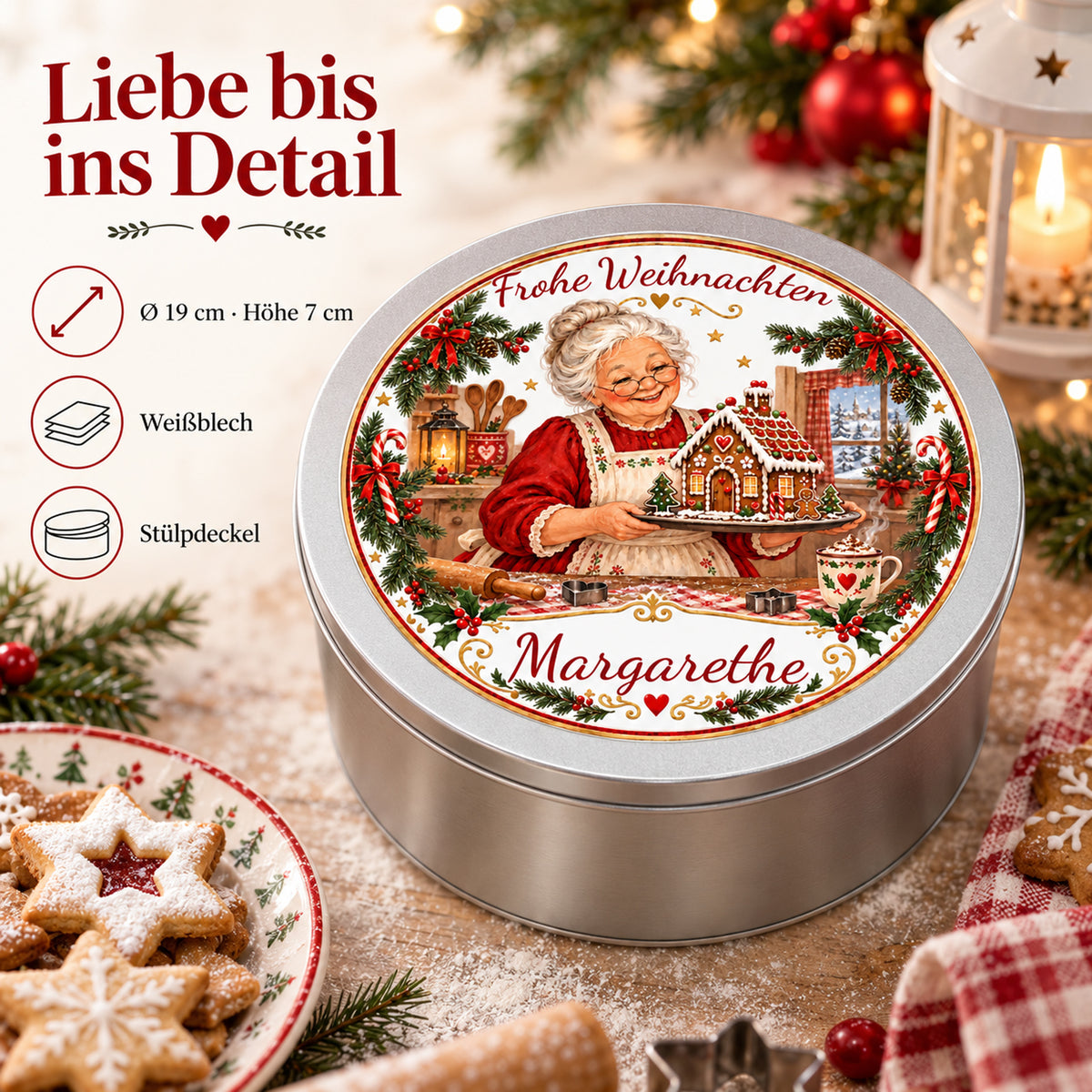 Produktdetails der Weihnachtsoma-Keksdose Lebkuchenhaus: 19 cm Durchmesser, 7 cm Höhe, Weißblech und Stülpdeckel.