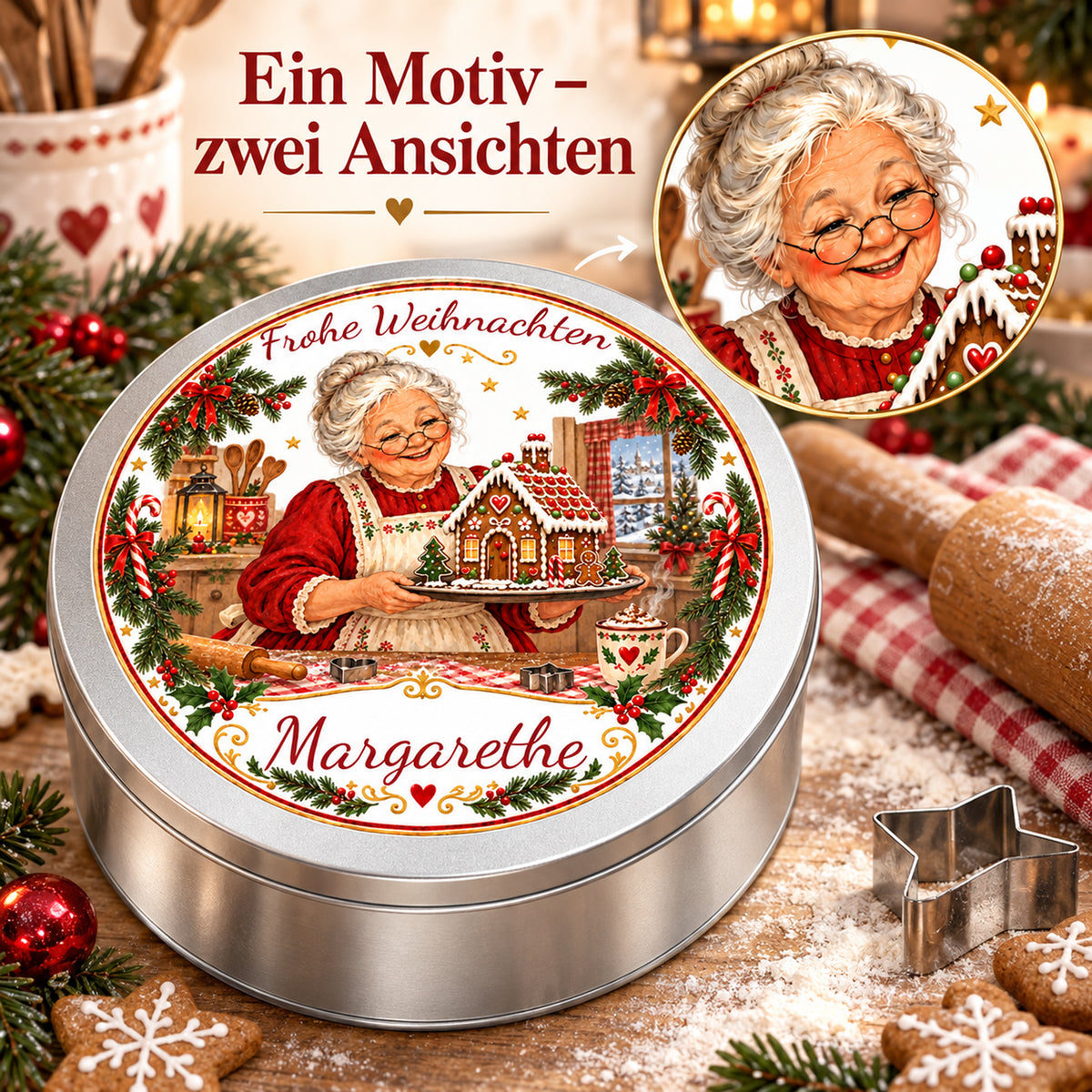 Weihnachtsoma-Keksdose Lebkuchenhaus mit einem Detailkreis, der das Oma-Motiv vergrößert zeigt.