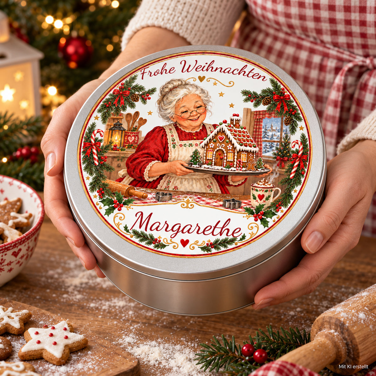 Hände präsentieren die Weihnachtsoma-Keksdose Lebkuchenhaus und ihren bedruckten Deckel; Bild mit KI erstellt.