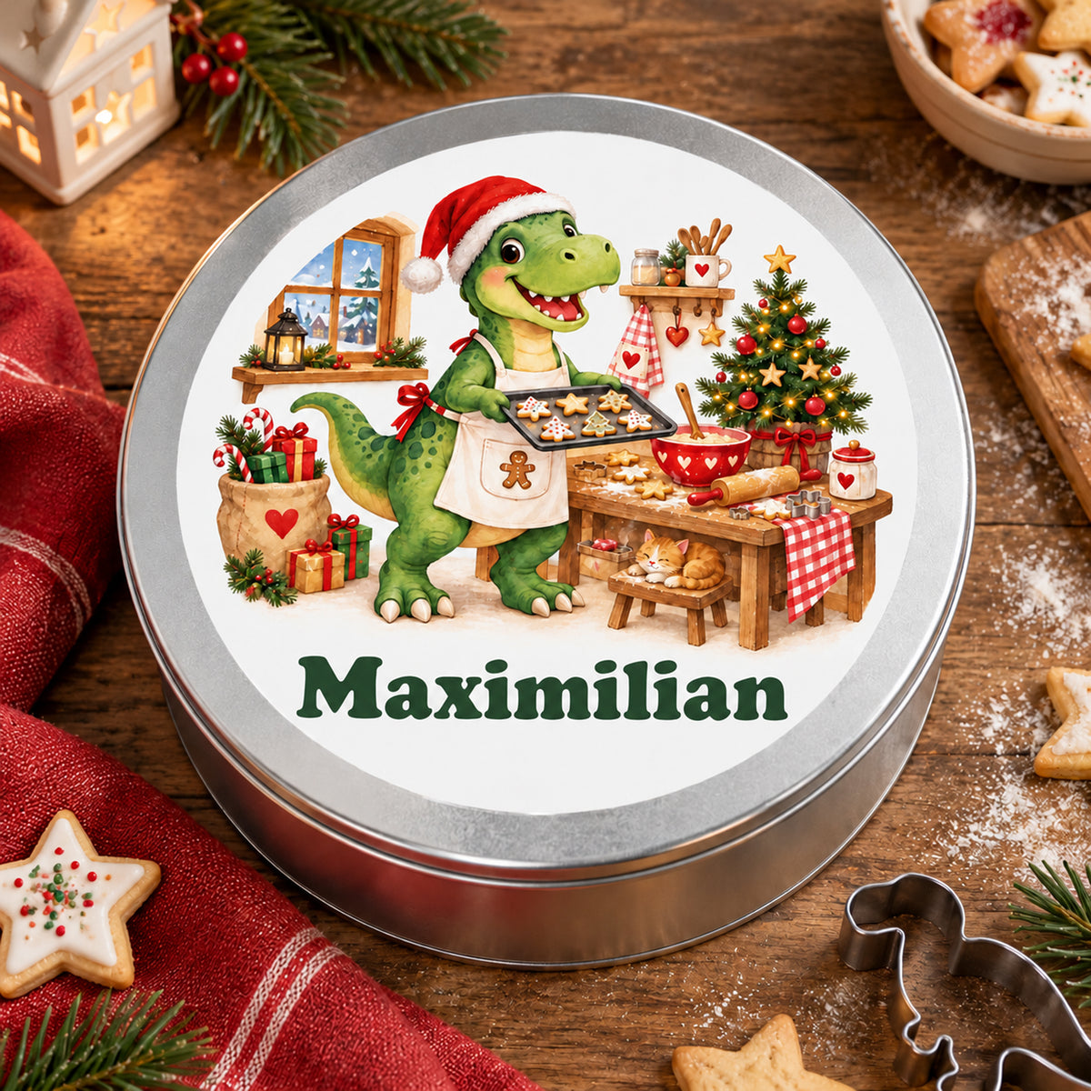 Personalisierte Weihnachtsdino-Keksdose – Weihnachtsbäcker, weihnachtliche ansicht von oben