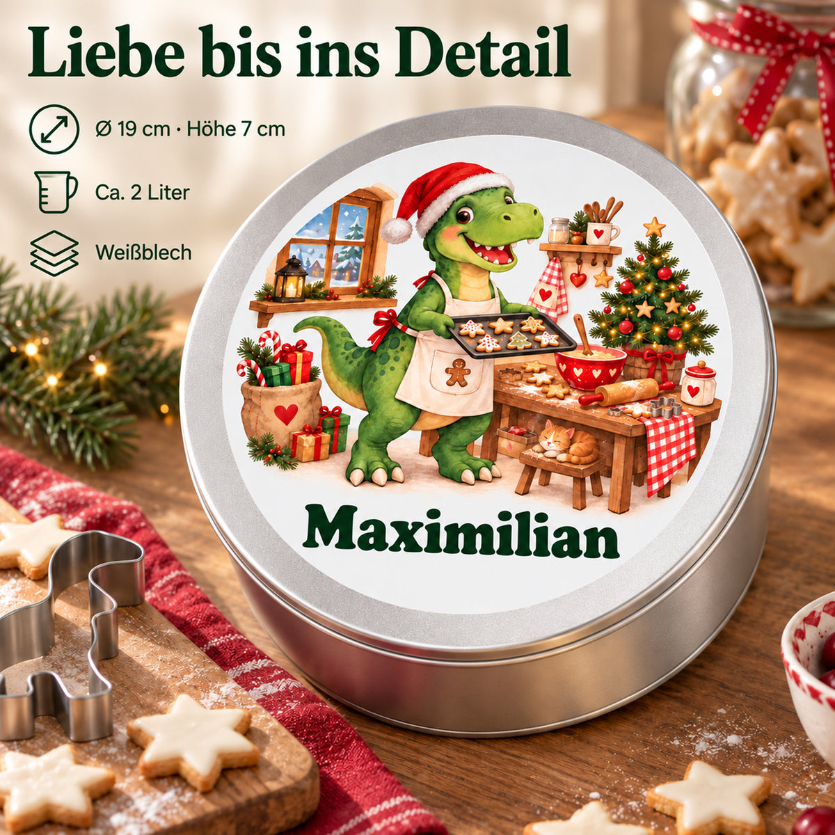 Personalisierte Weihnachtsdino-Keksdose – Weihnachtsbäcker, produktdetails mit größenangaben