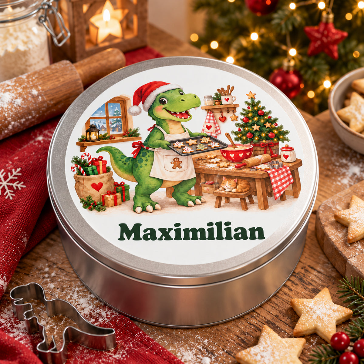 Personalisierte Weihnachtsdino-Keksdose – Weihnachtsbäcker, weitere weihnachtliche ansicht von oben