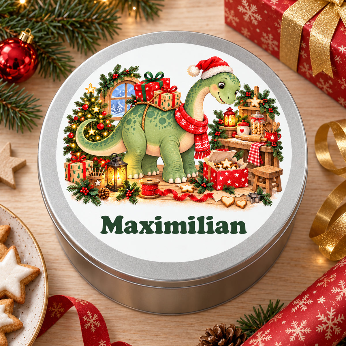 Personalisierte Weihnachtsdino-Keksdose – Geschenke-Langhals, weihnachtliche ansicht von oben