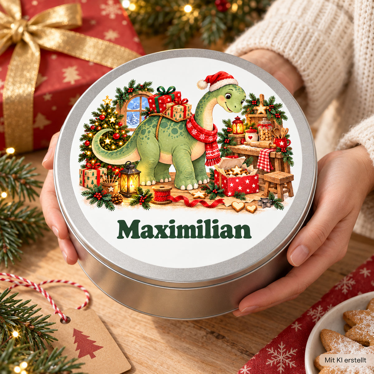 Personalisierte Weihnachtsdino-Keksdose – Geschenke-Langhals, dose in händen zur größenorientierung