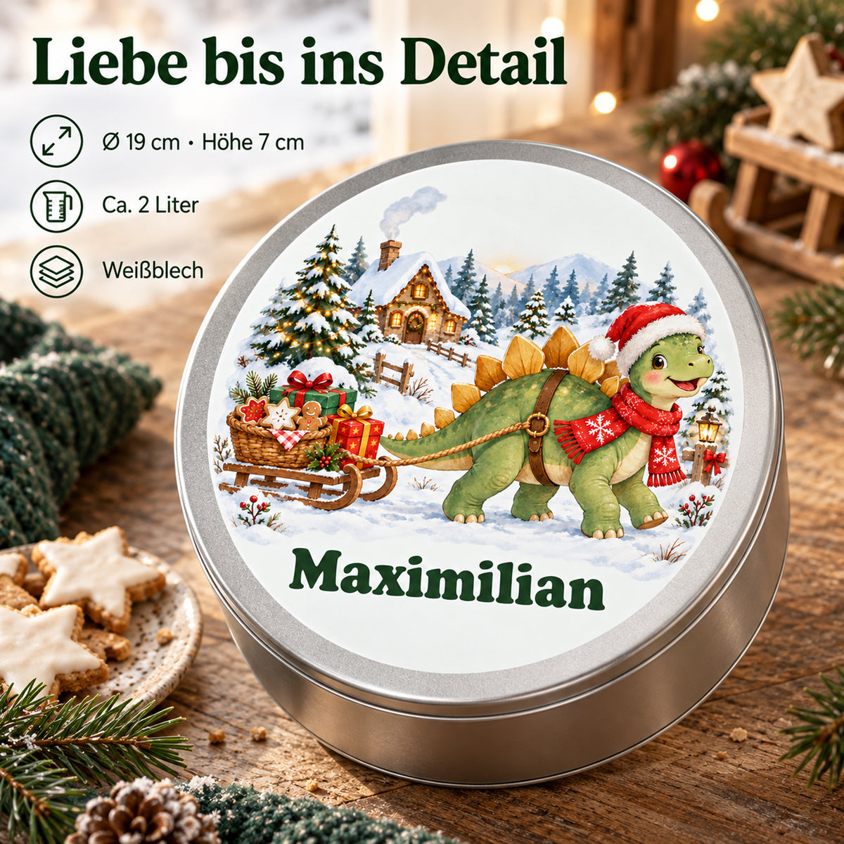 Personalisierte Weihnachtsdino-Keksdose – Keksschlitten, produktdetails mit größenangaben