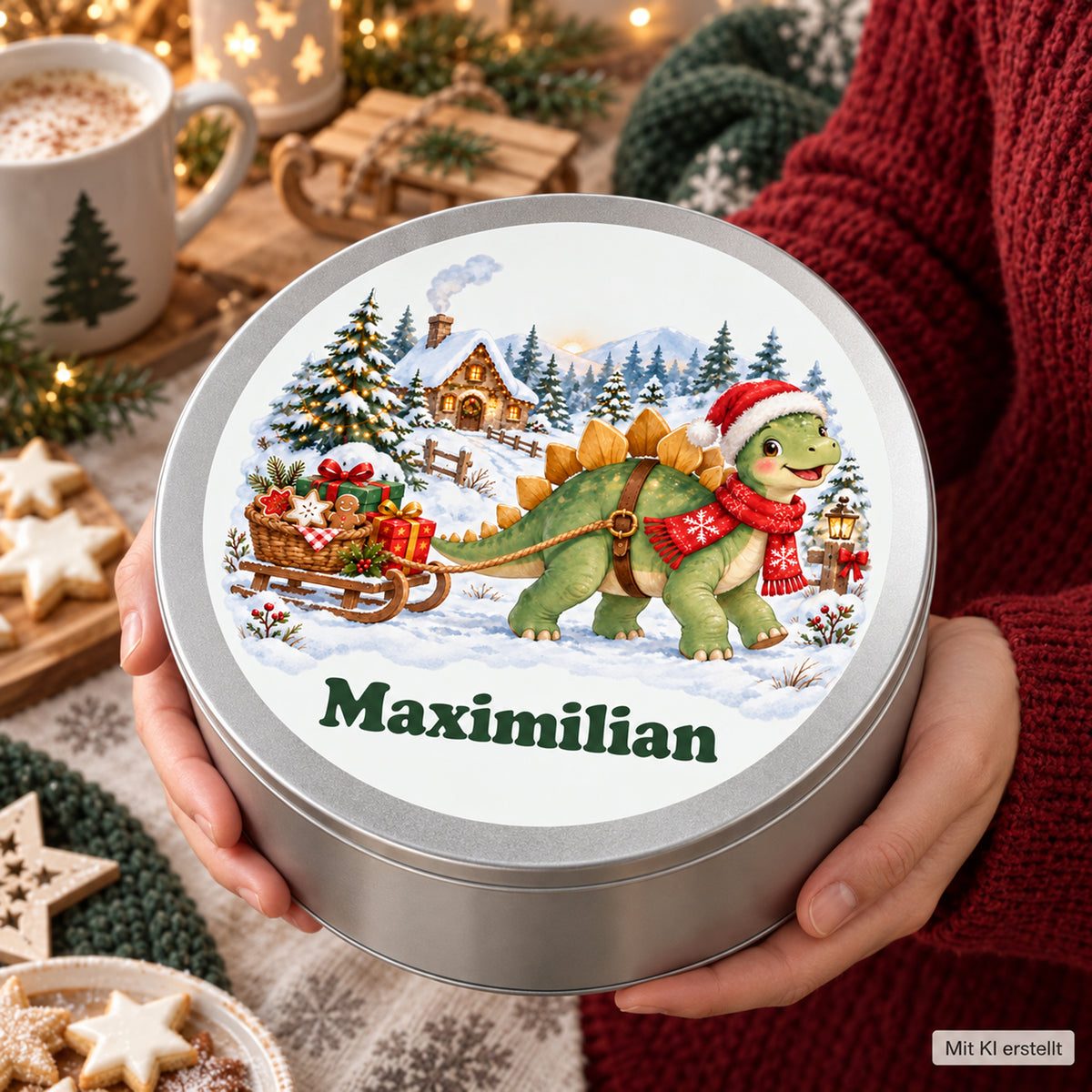 Personalisierte Weihnachtsdino-Keksdose – Keksschlitten, dose in händen zur größenorientierung