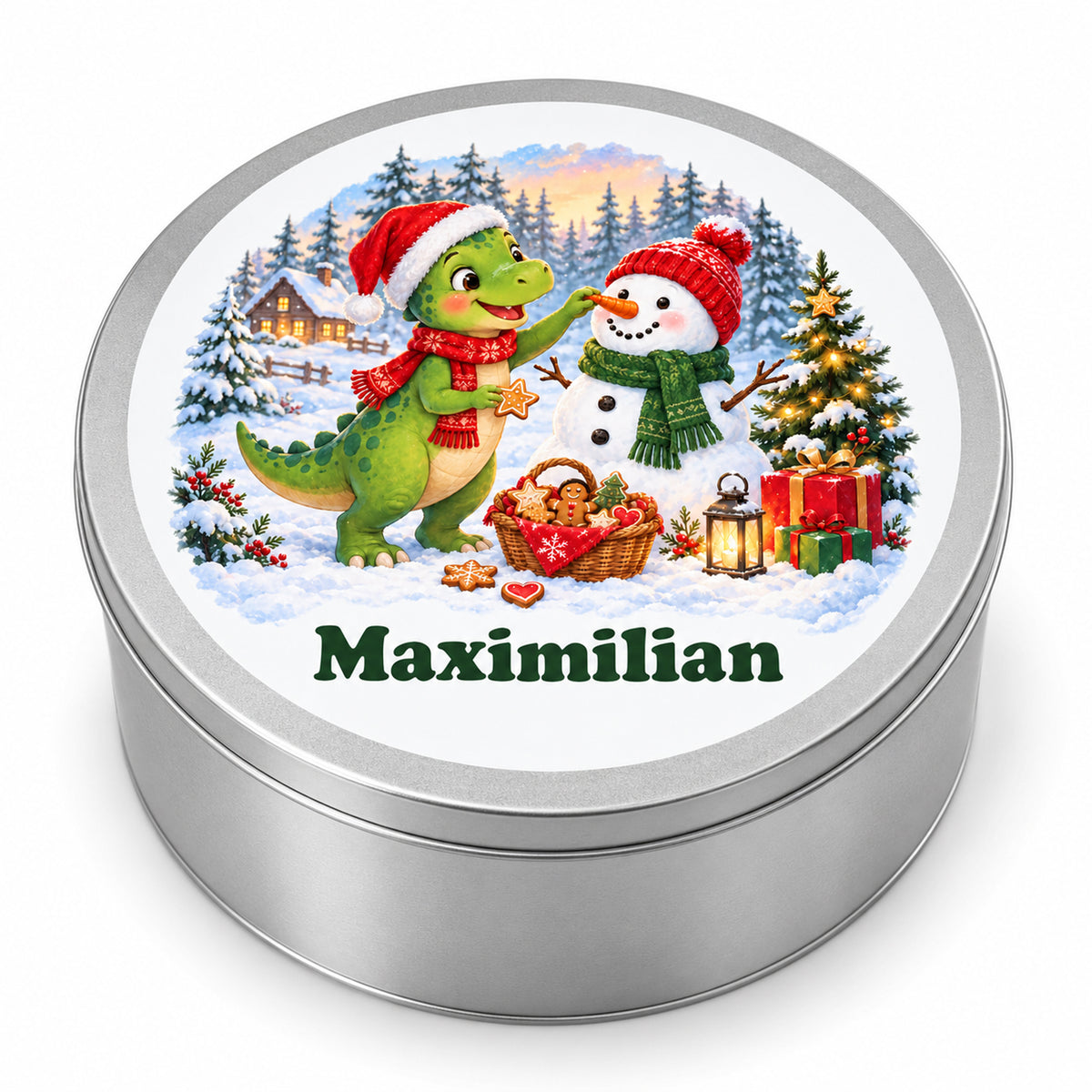 Personalisierte Weihnachtsdino-Keksdose – Dino und Schneemann, produktansicht vor weißem hintergrund