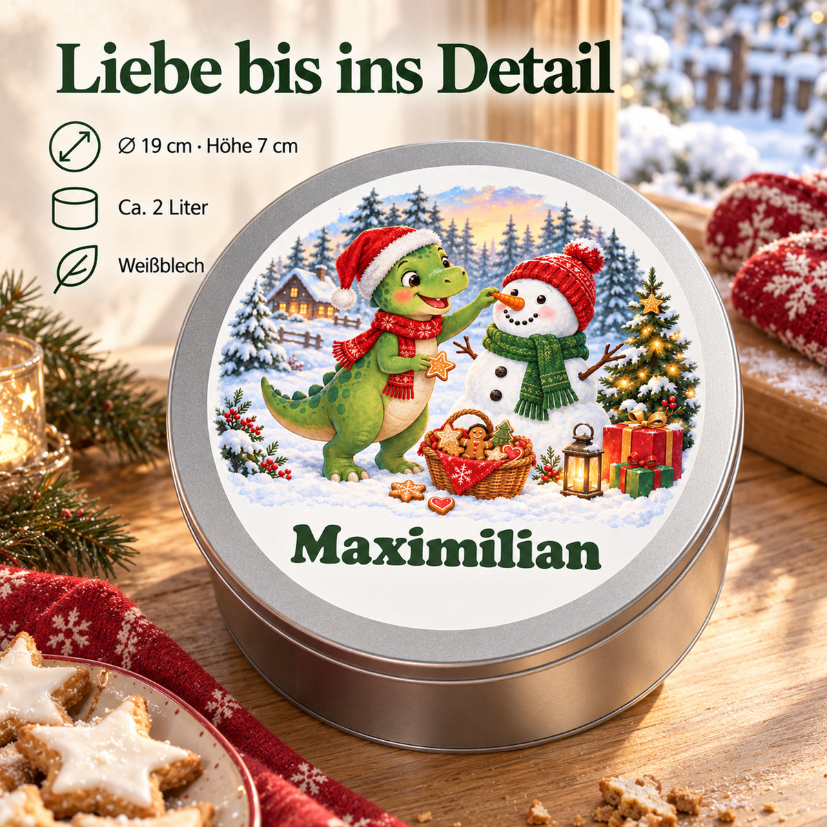 Personalisierte Weihnachtsdino-Keksdose – Dino und Schneemann, produktdetails mit größenangaben