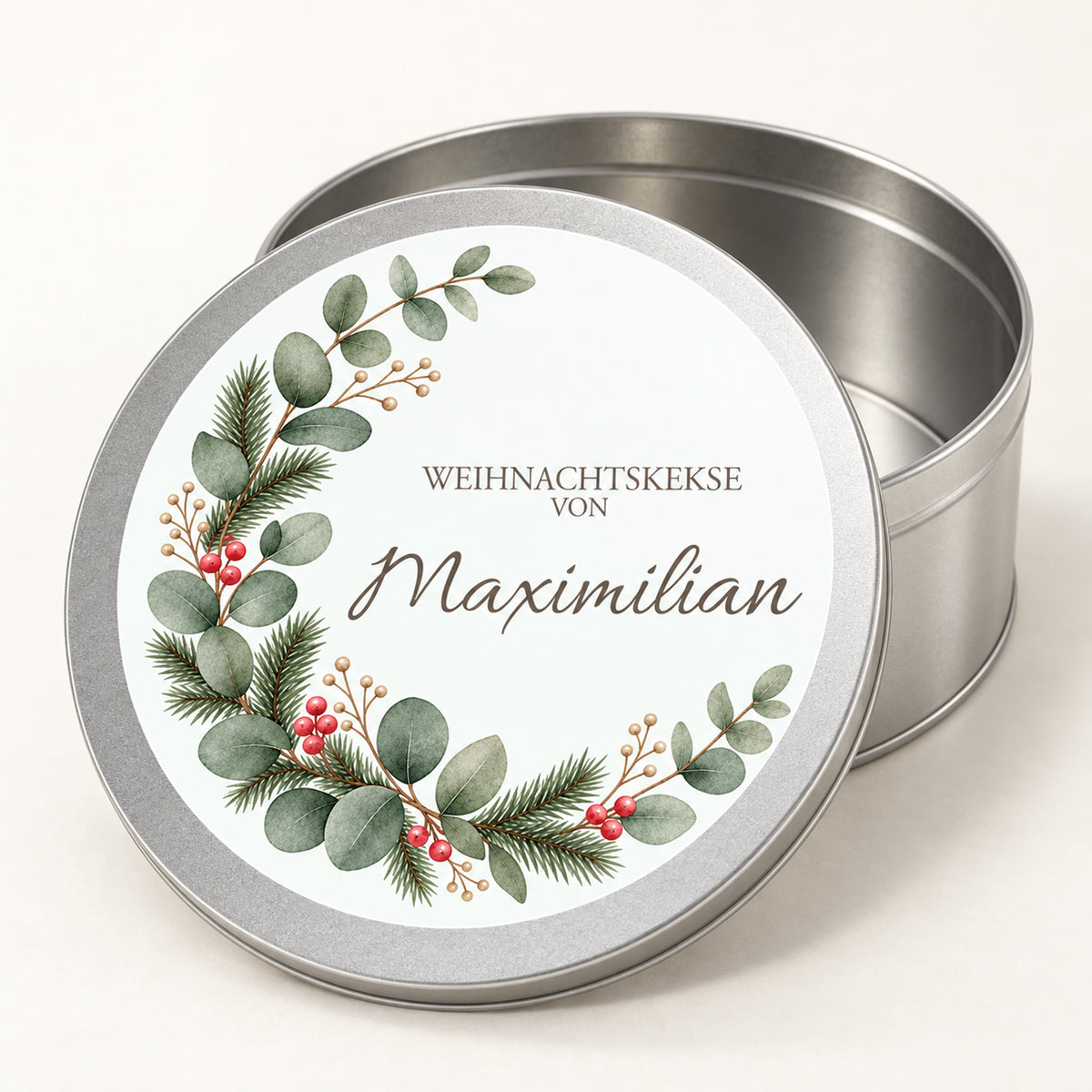 Silberne Keksdose mit Eukalyptus & Tanne-Weihnachtsmotiv, offenem Behälter und personalisiertem Deckel