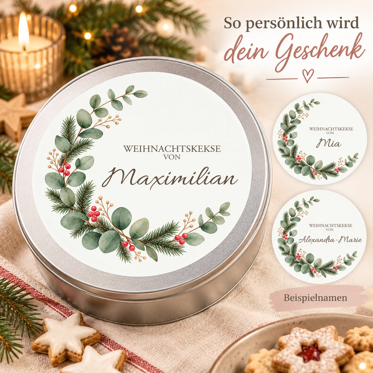 Eukalyptus & Tanne-Keksdose mit Wunschname und zwei Details verschiedener Namenslängen