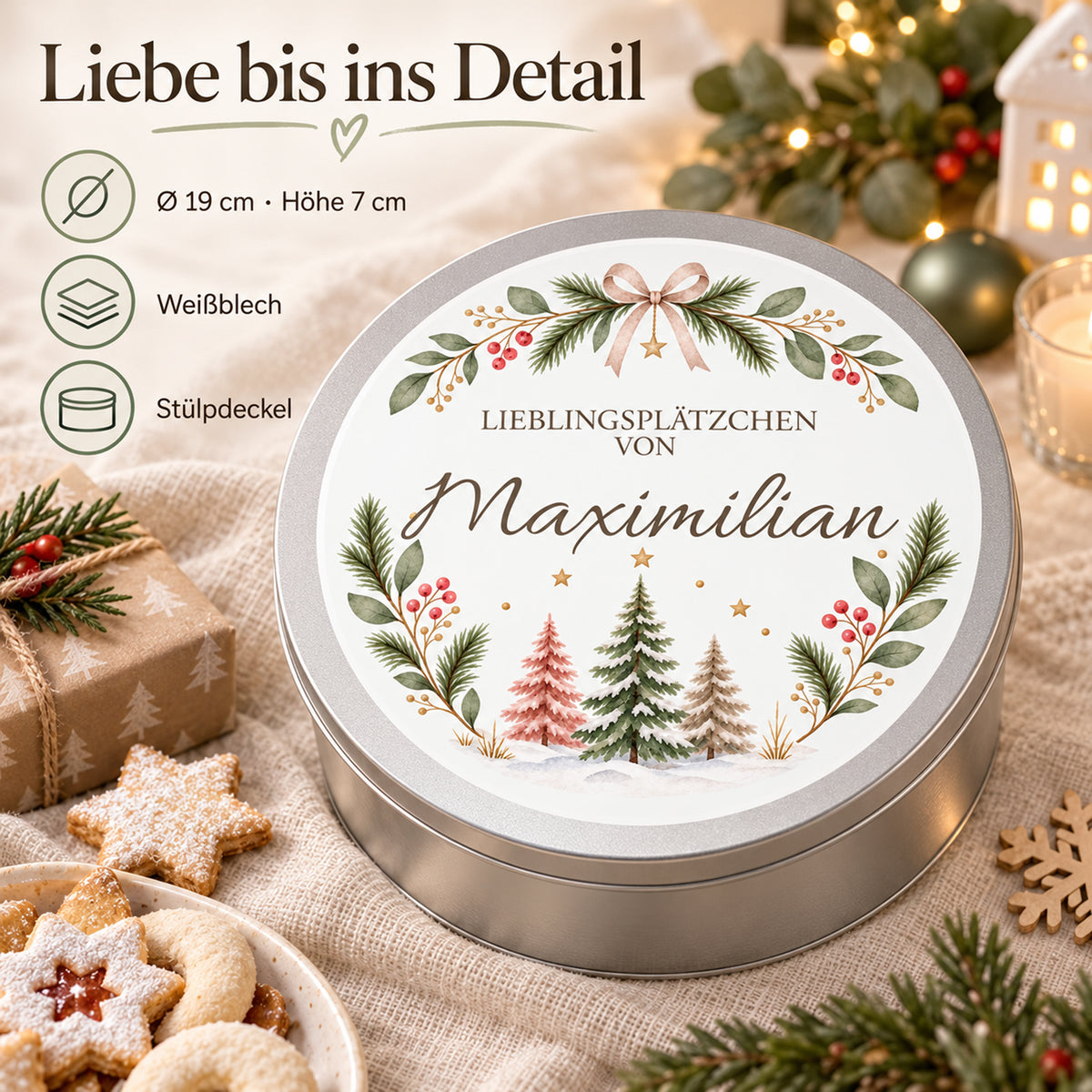 Weihnachtliche Keksdose mit Pastell-Tannen-Motiv und Angaben zu Material, Größe und Deckel