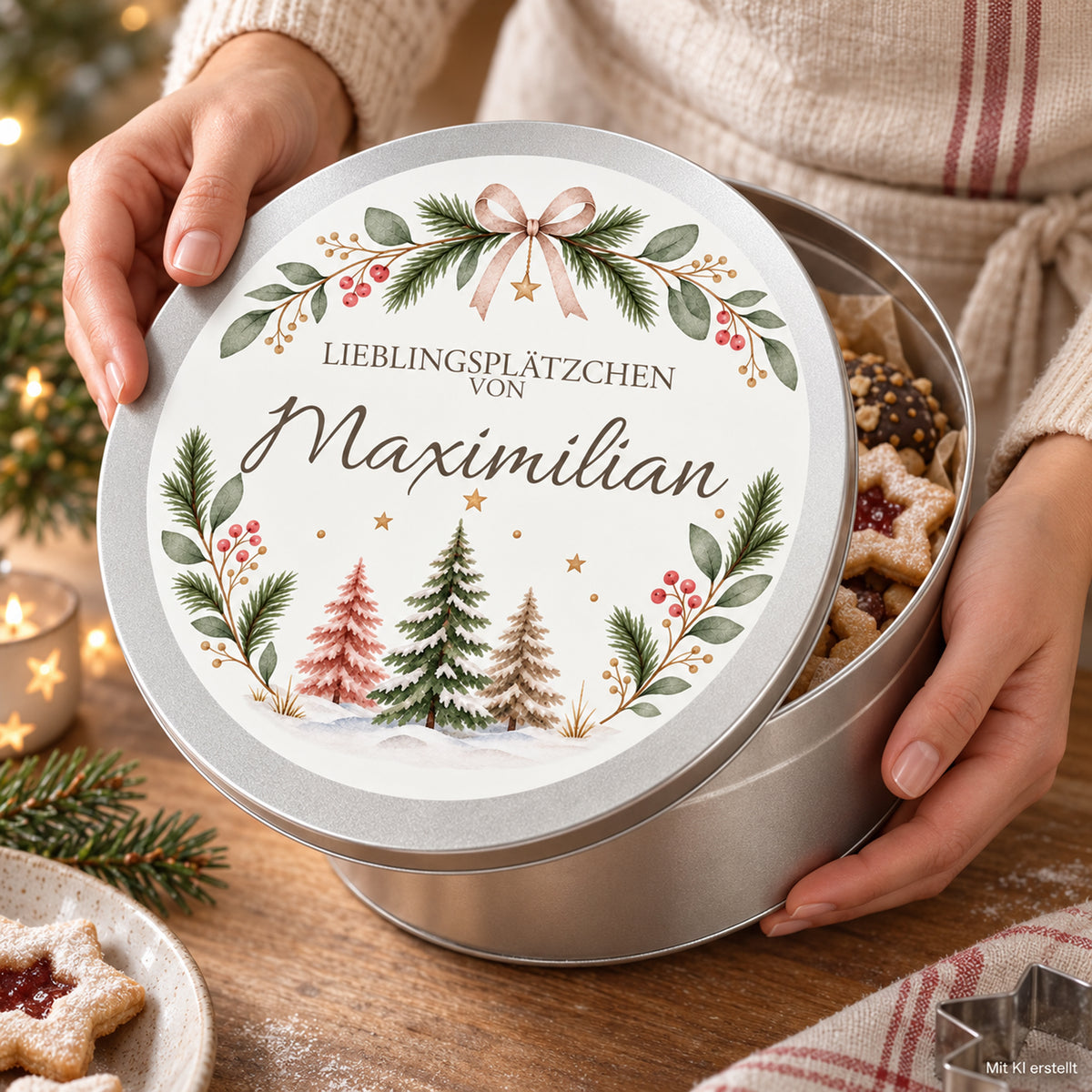 Hände zeigen die personalisierte Keksdose mit Pastell-Tannen-Motiv an einem weihnachtlichen Backtisch