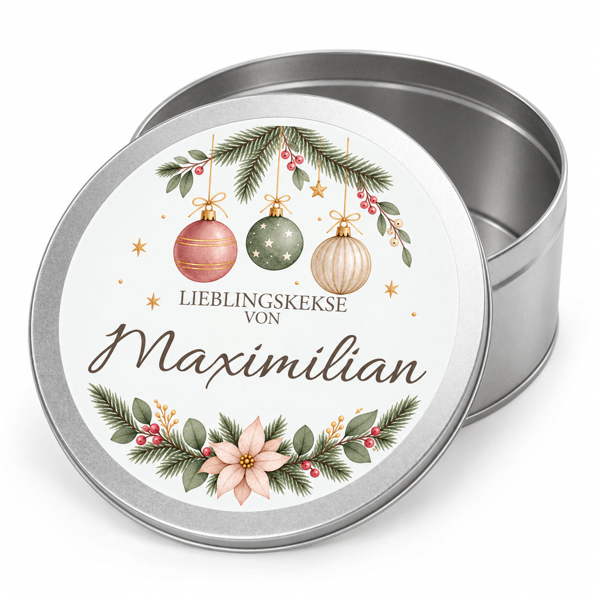 Silberne Keksdose mit Zarte Weihnachtskugeln-Weihnachtsmotiv, offenem Behälter und personalisiertem Deckel