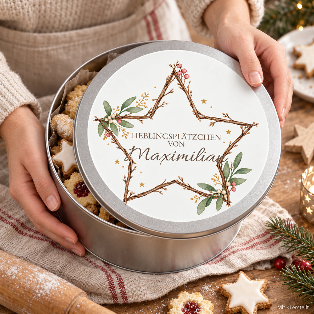 Hände zeigen die personalisierte Keksdose mit Zweigstern-Motiv an einem weihnachtlichen Backtisch