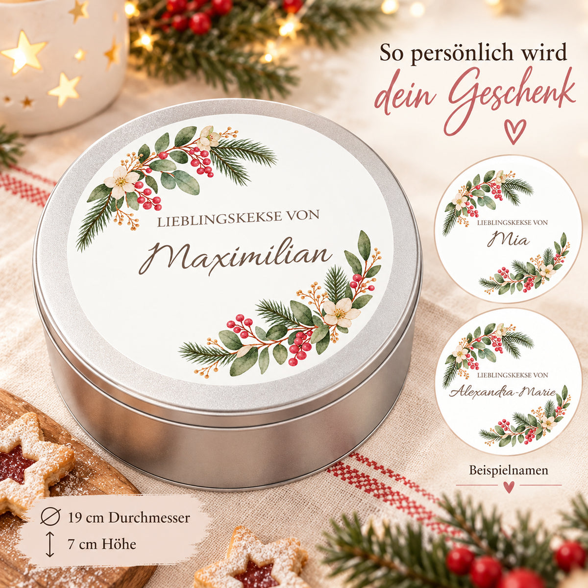 Winterbeeren-Keksdose mit Wunschname und zwei Details verschiedener Namenslängen
