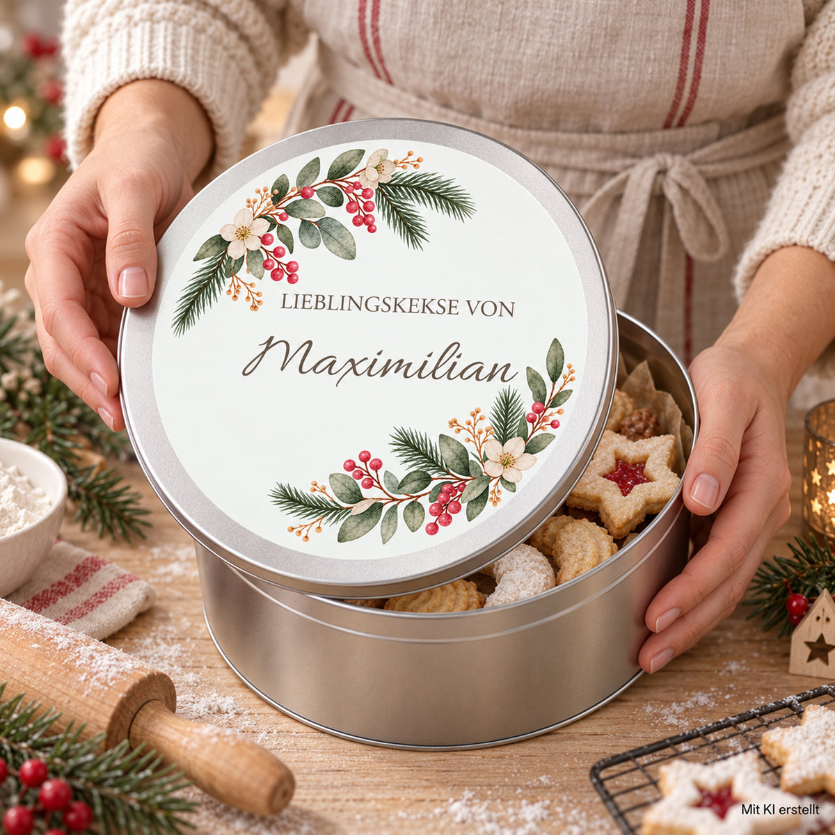 Hände zeigen die personalisierte Keksdose mit Winterbeeren-Motiv an einem weihnachtlichen Backtisch