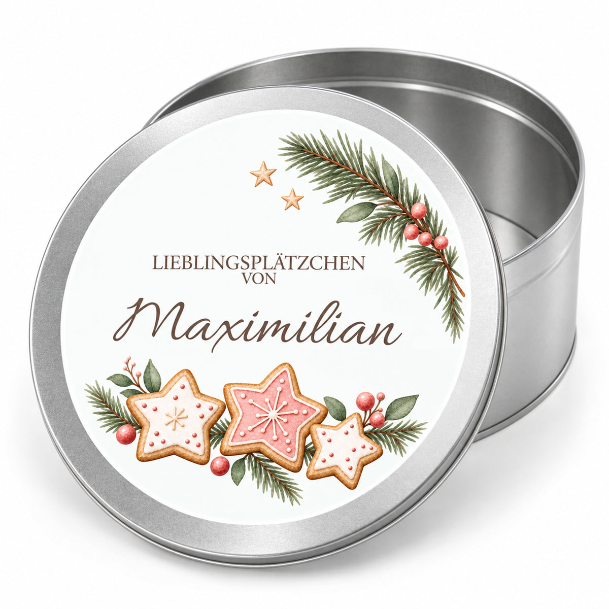 Silberne Keksdose mit Kekssterne-Weihnachtsmotiv, offenem Behälter und personalisiertem Deckel