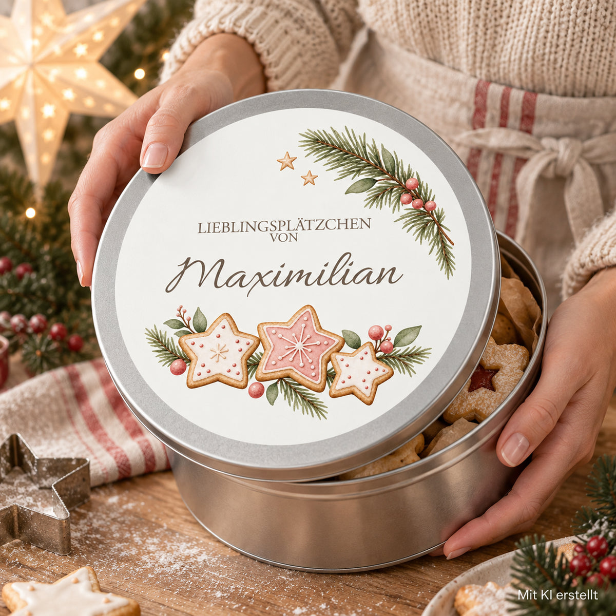 Hände zeigen die personalisierte Keksdose mit Kekssterne-Motiv an einem weihnachtlichen Backtisch