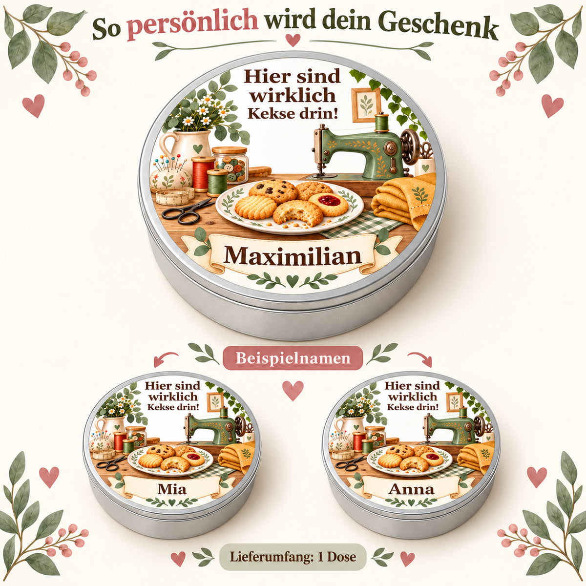 Keksdose mit grüner Nähmaschine und verschiedenen Wunschnamen als Personalisierungsbeispiele