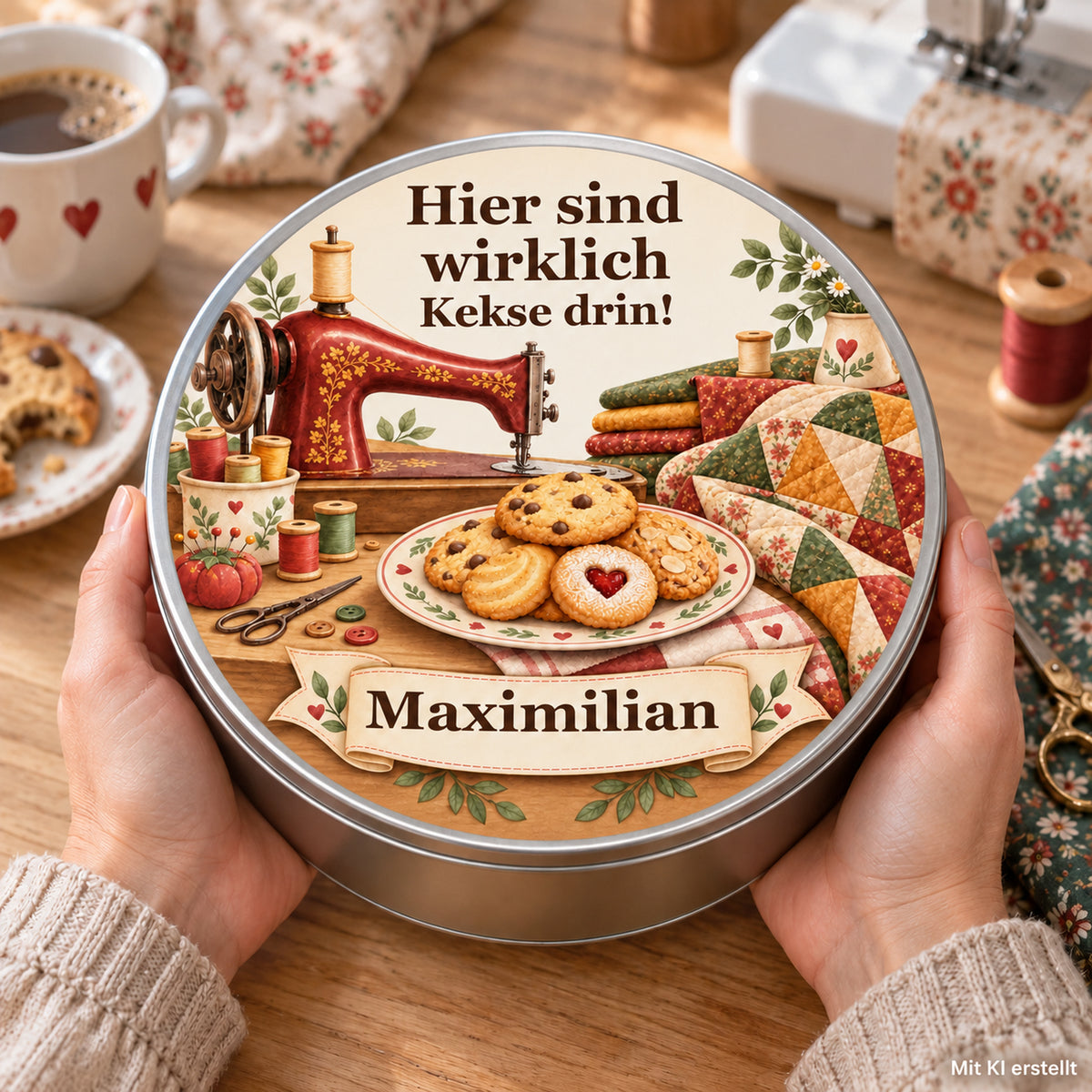 Hände halten eine personalisierte Keksdose mit Nähmaschine und Patchwork in einer Nähecke