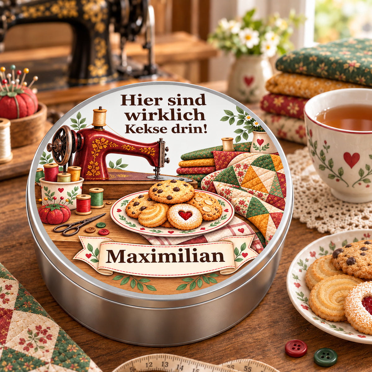 Personalisierte Keksdose mit Nähmaschine und Patchwork in einem gemütlichen Nähatelier