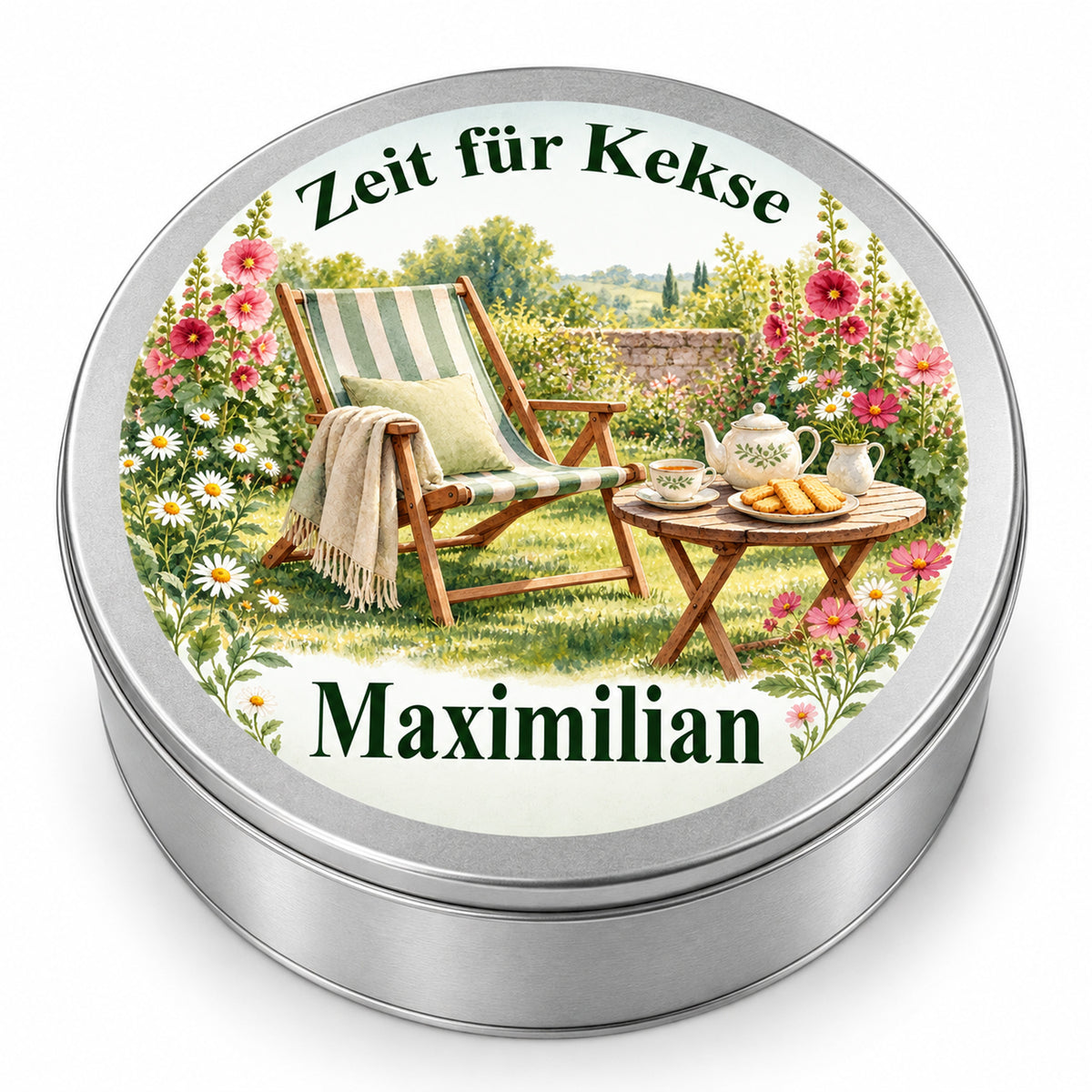 Geschlossene silberne Keksdose mit Gartenmotiv Liegestuhl im Blütengarten auf weißem Hintergrund